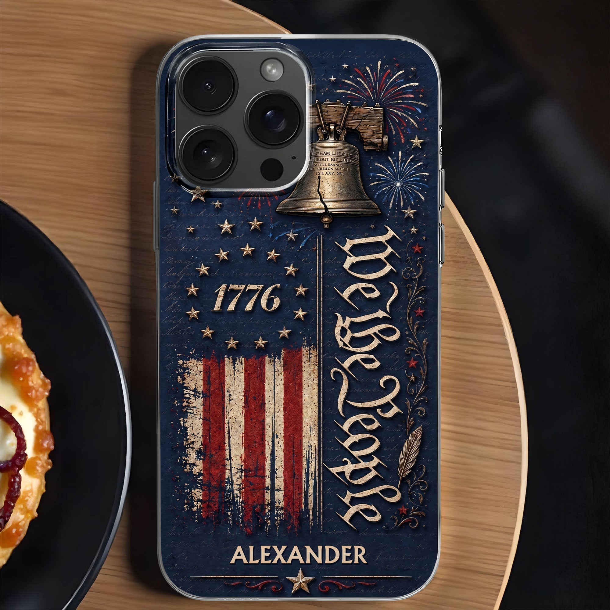 Personalized Clear Phone Case with Liberty Bell American Flag for Dad