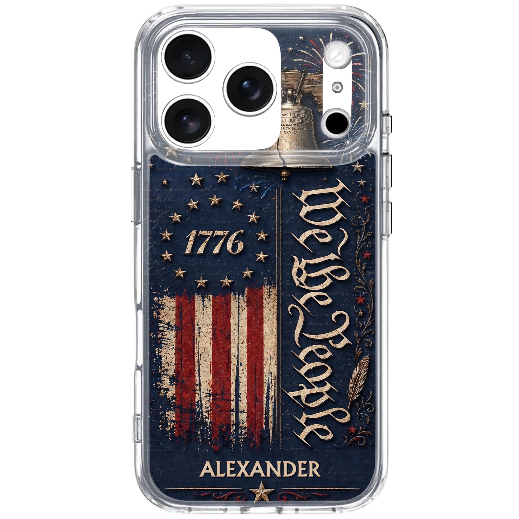 Personalized Clear Phone Case with Liberty Bell American Flag for Dad