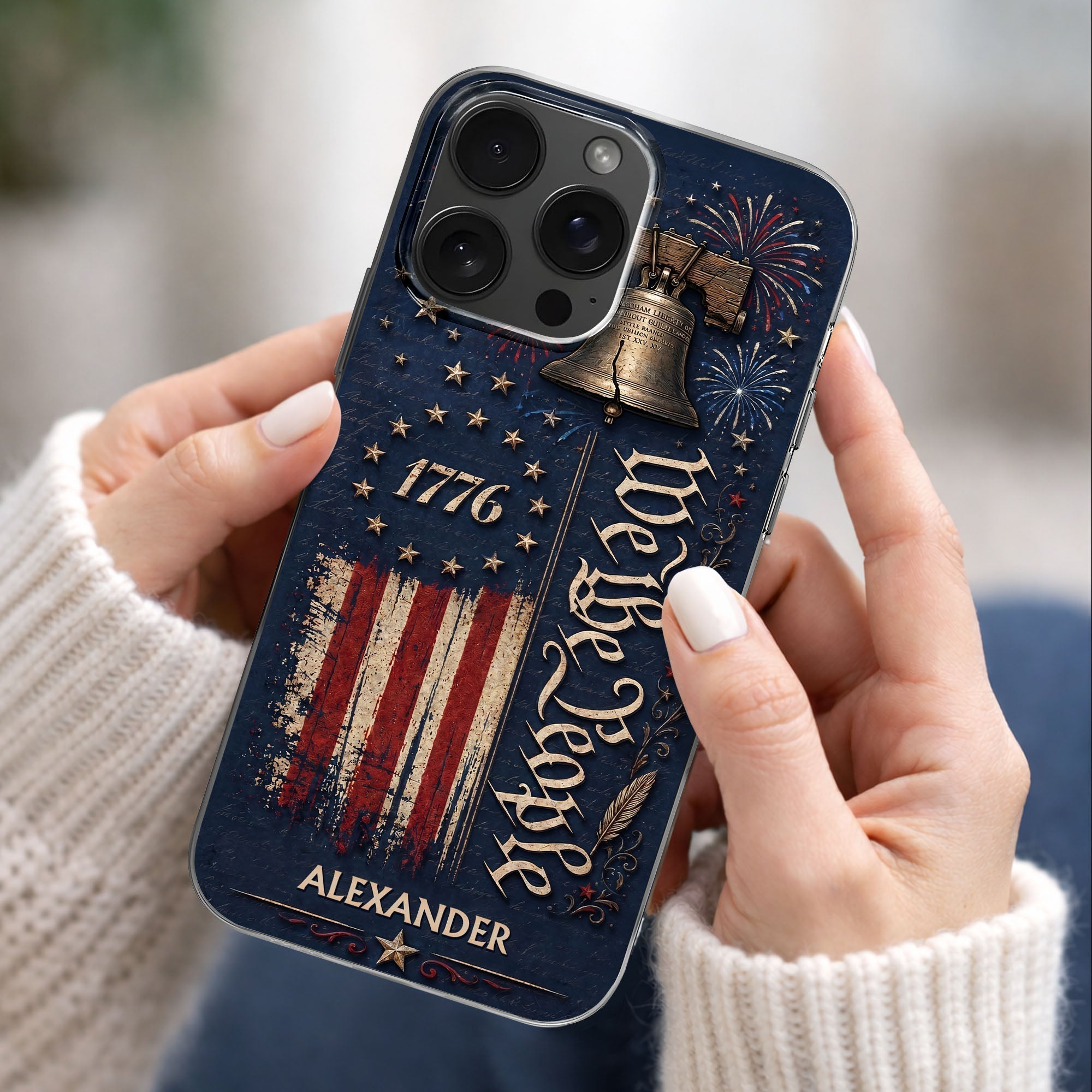 Personalized Clear Phone Case with Liberty Bell American Flag for Dad