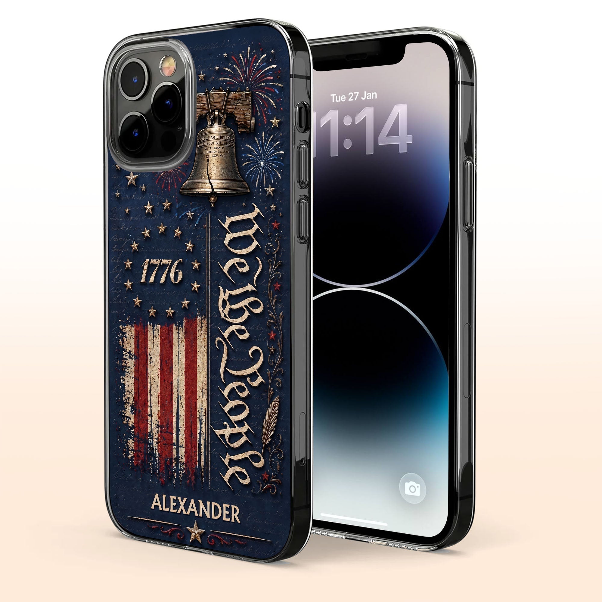 Personalized Clear Phone Case with Liberty Bell American Flag for Dad