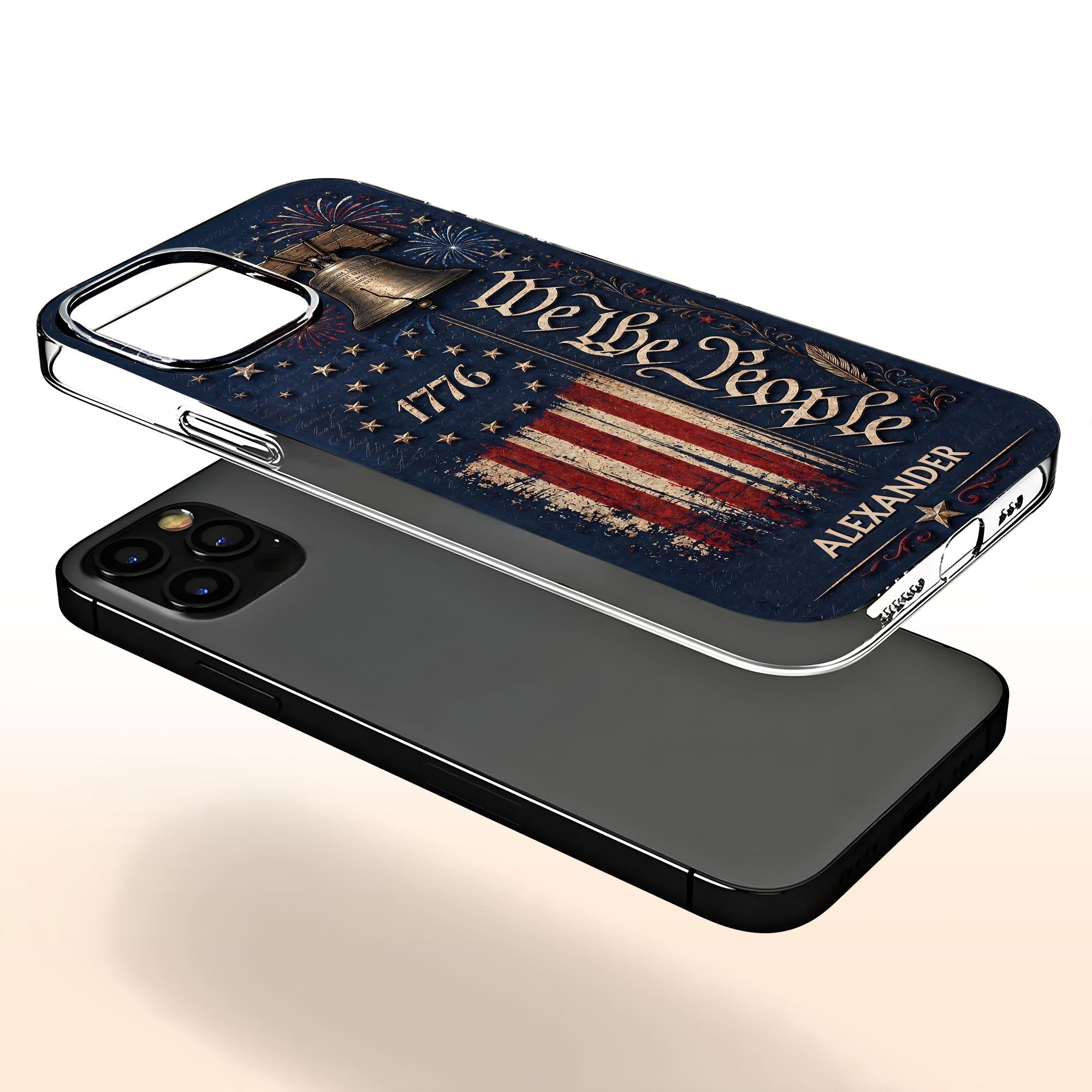 Personalized Clear Phone Case with Liberty Bell American Flag for Dad