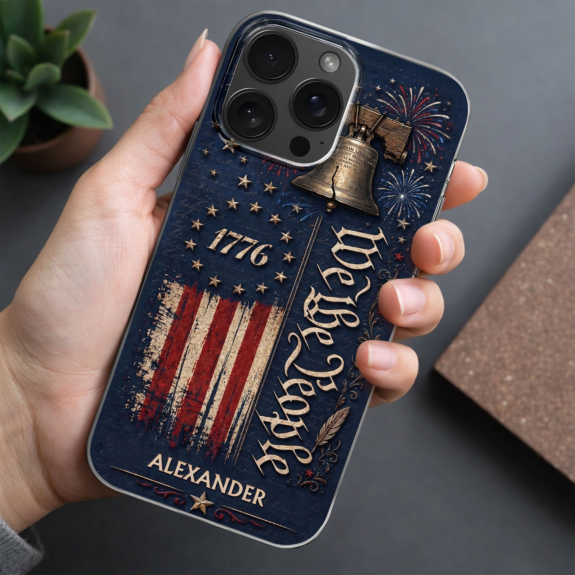Personalized Clear Phone Case with Liberty Bell American Flag for Dad
