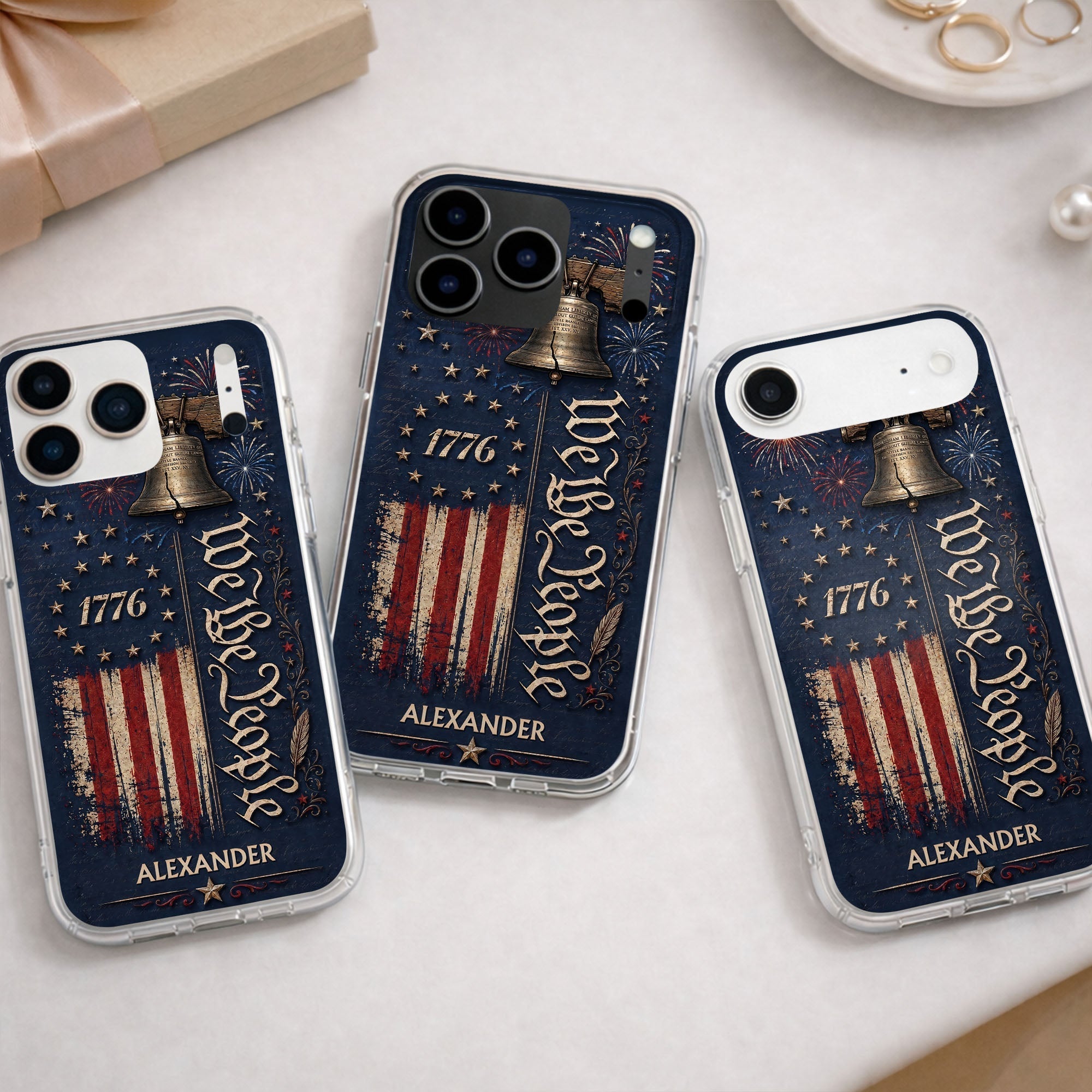 Personalized Clear Phone Case with Liberty Bell American Flag for Dad