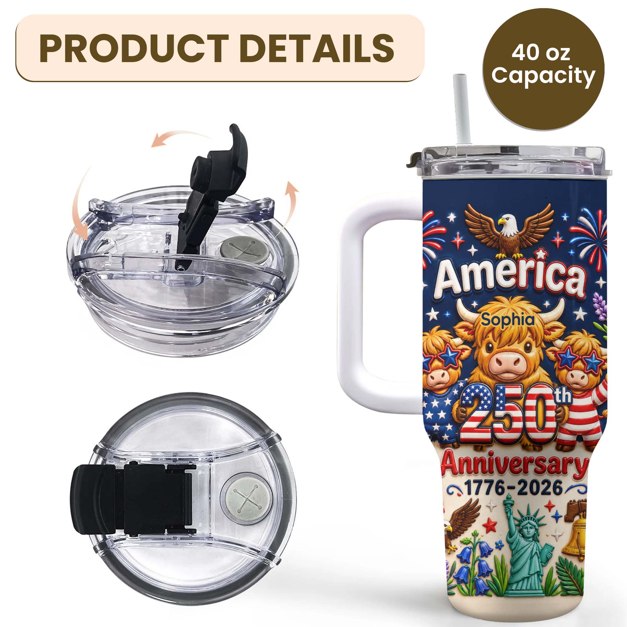 Personalized 40oz Tumbler Custom Name Patriotic Gift for Independence Day