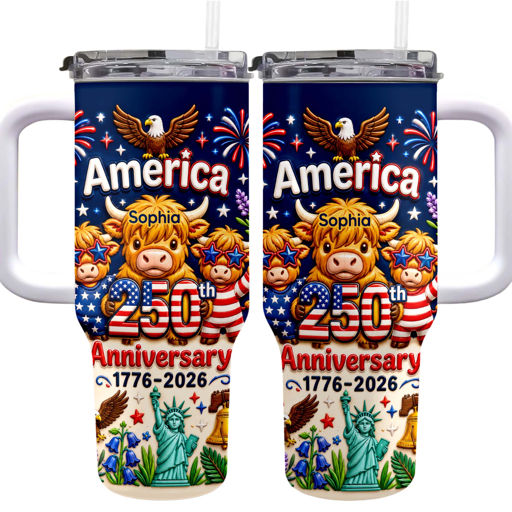 Personalized 40oz Tumbler Custom Name Patriotic Gift for Independence Day