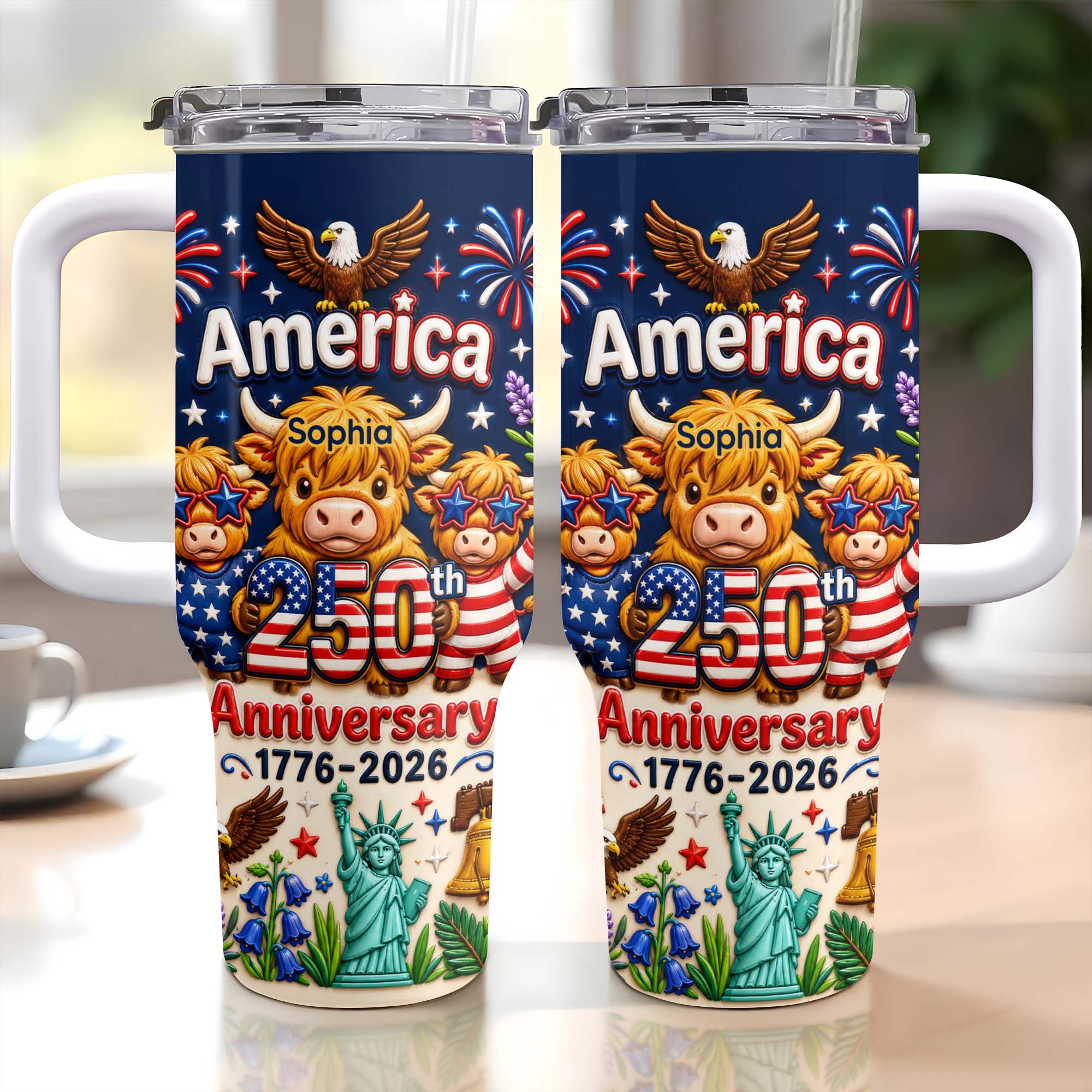 Personalized 40oz Tumbler Custom Name Patriotic Gift for Independence Day