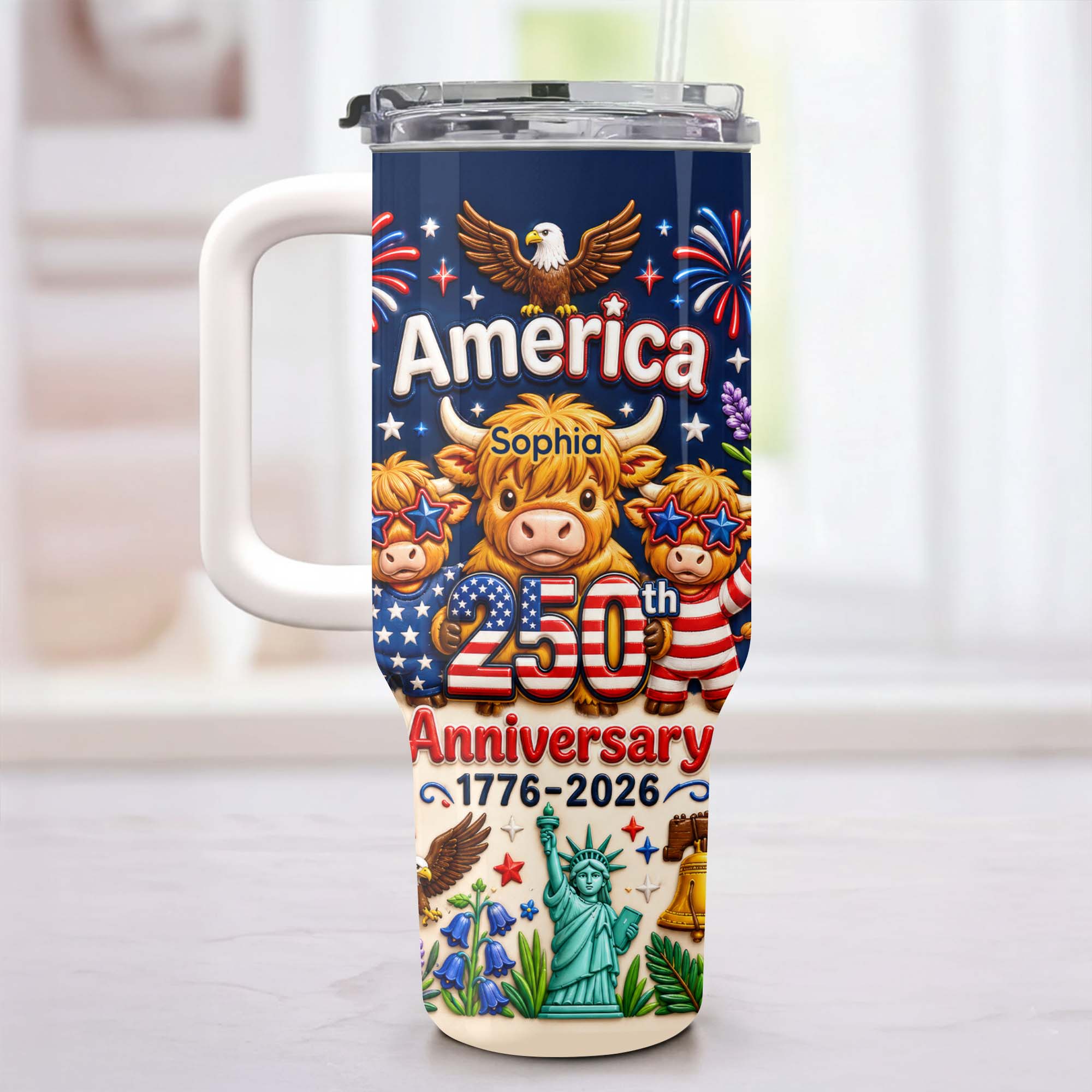 Personalized 40oz Tumbler Custom Name Patriotic Gift for Independence Day