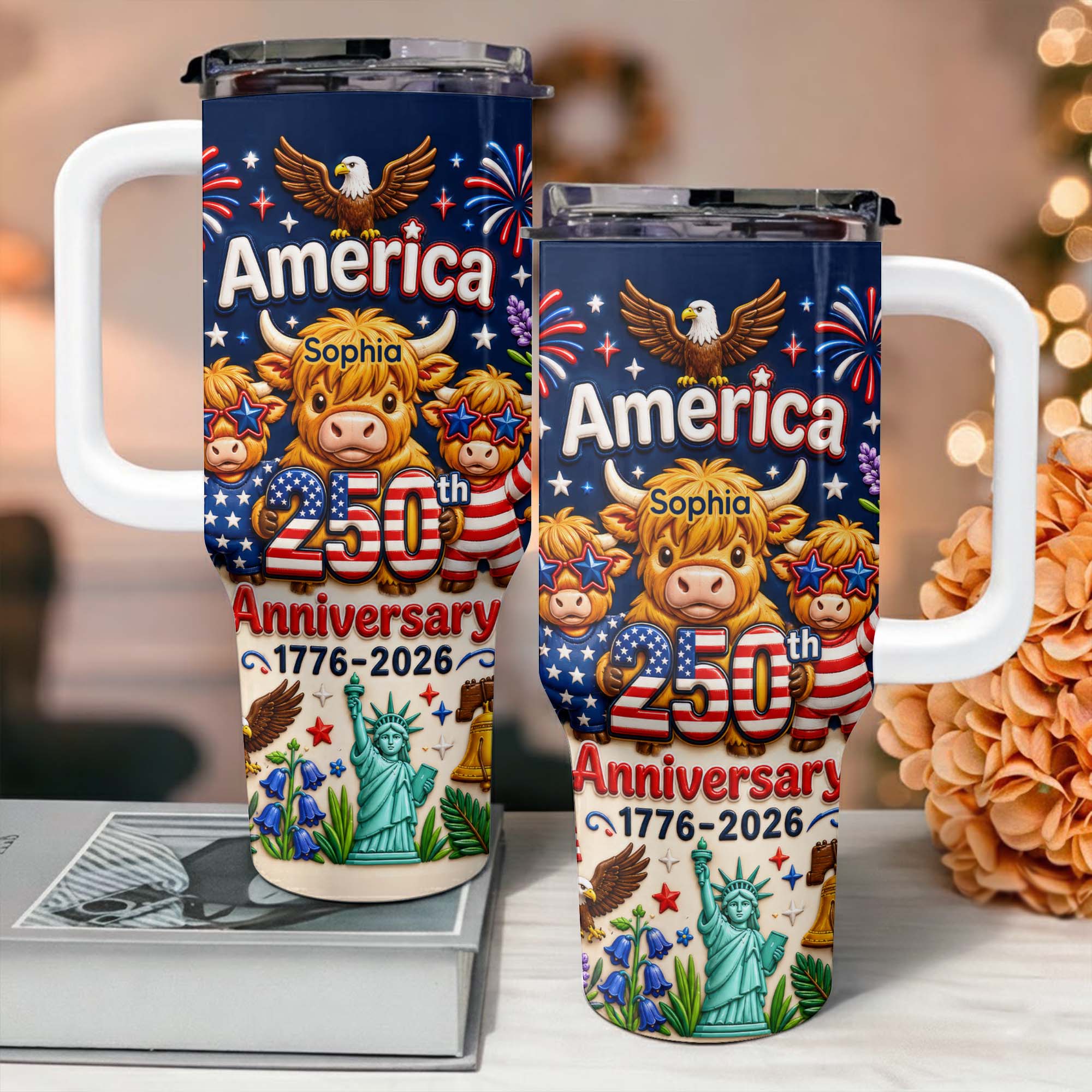 Personalized 40oz Tumbler Custom Name Patriotic Gift for Independence Day