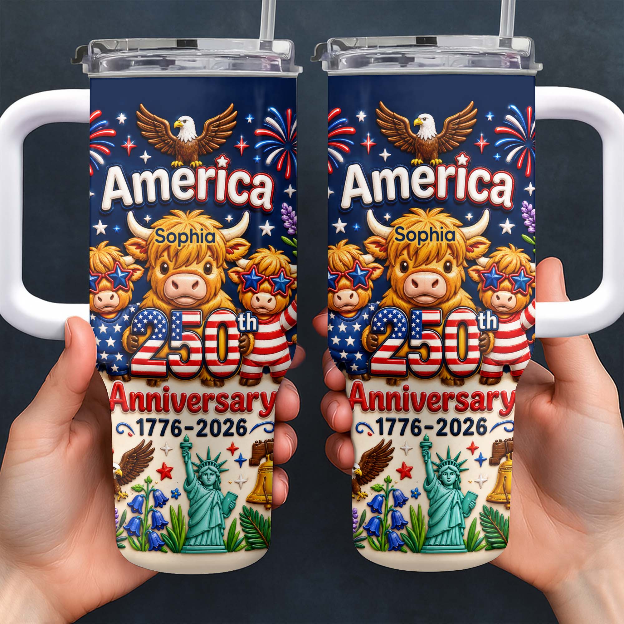 Personalized 40oz Tumbler Custom Name Patriotic Gift for Independence Day
