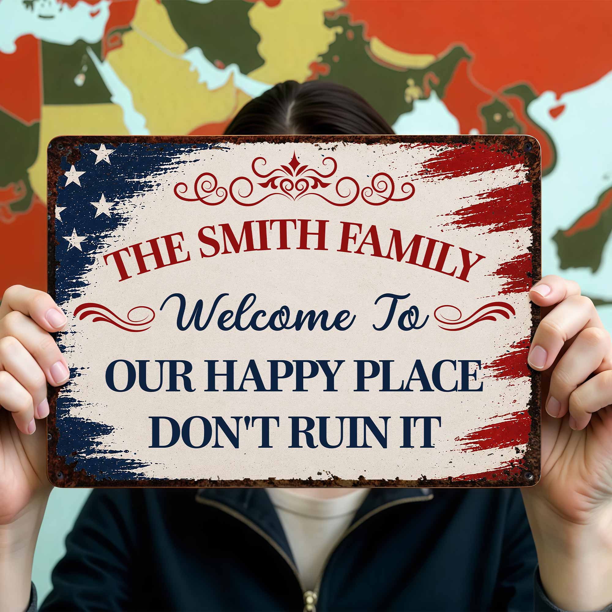 Personalized American Flag Metal Sign Custom Family Name Gift