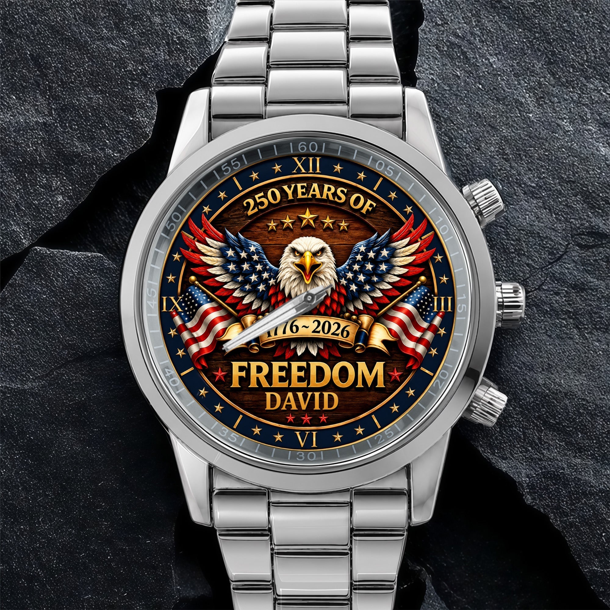 Personalized Black Men's Watch Custom Name Eagle USA Flag Gift for Dad