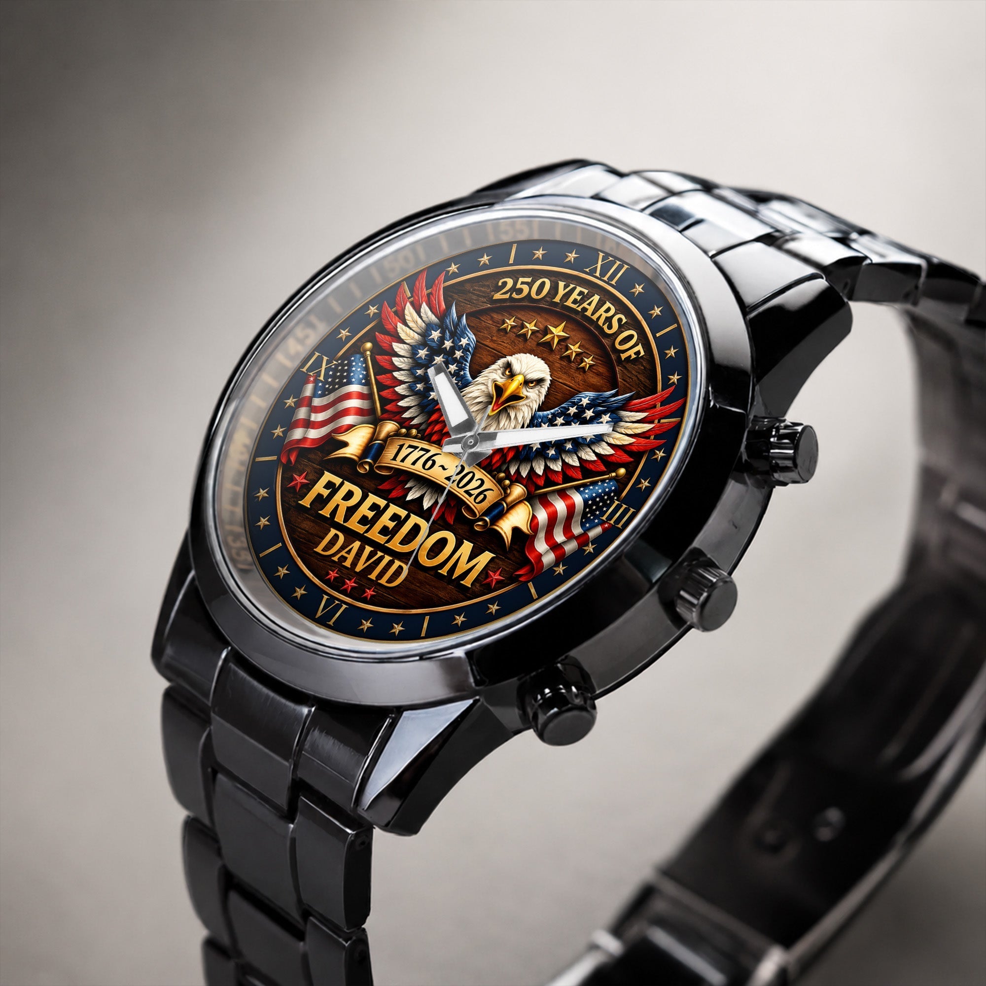 Personalized Black Men's Watch Custom Name Eagle USA Flag Gift for Dad