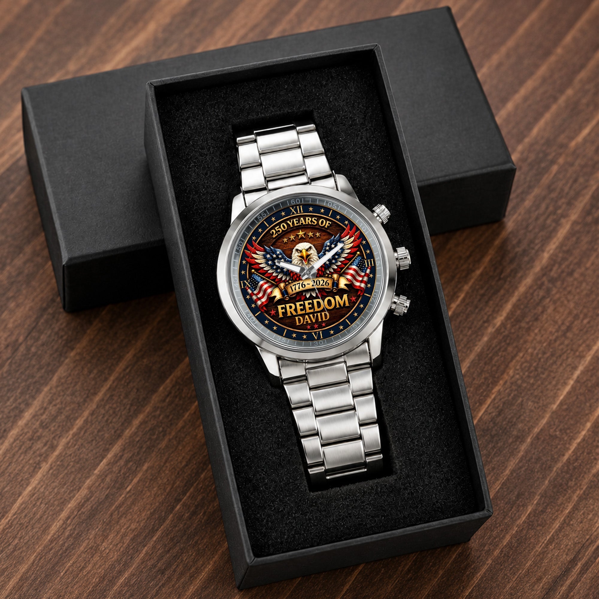 Personalized Black Men's Watch Custom Name Eagle USA Flag Gift for Dad