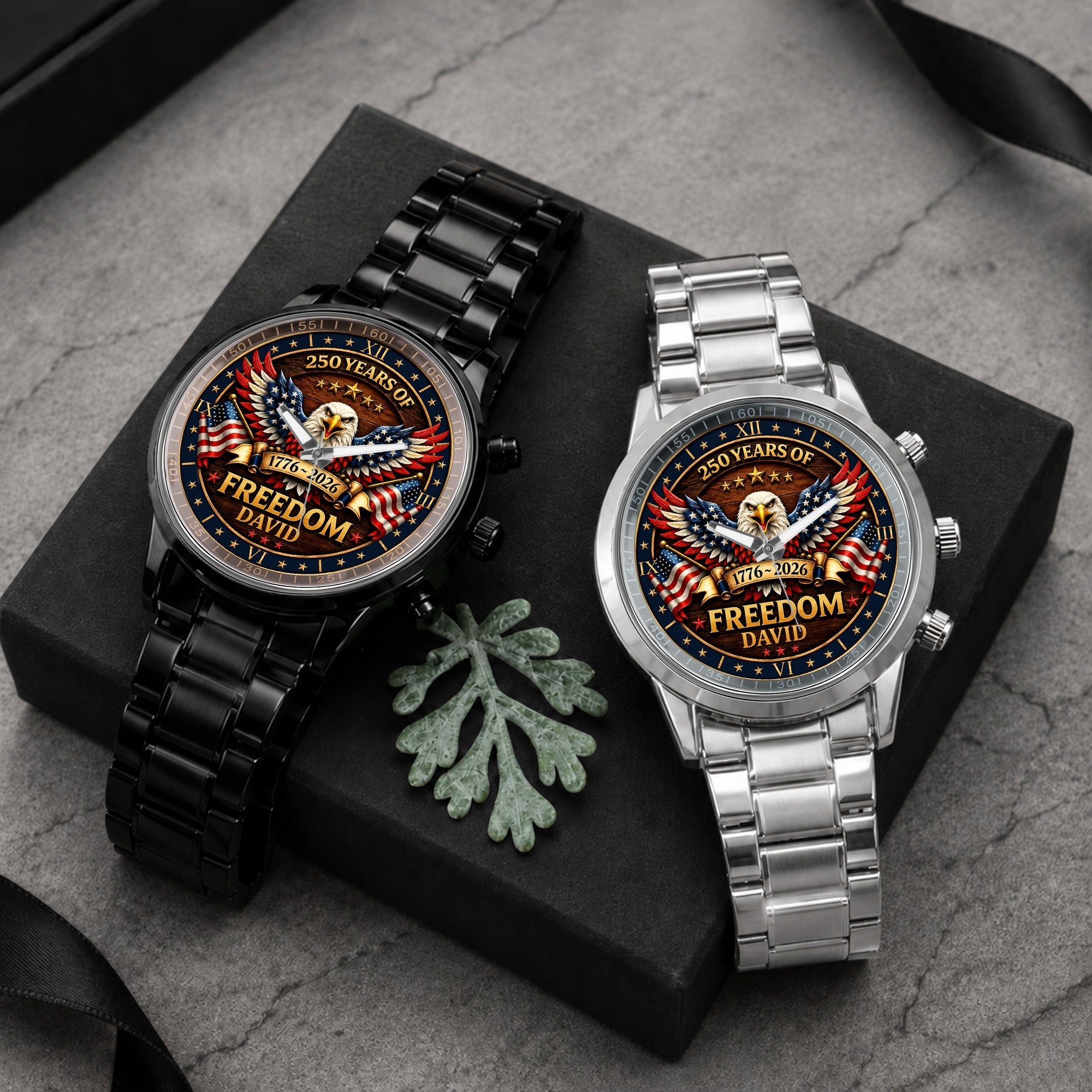 Personalized Black Men's Watch Custom Name Eagle USA Flag Gift for Dad