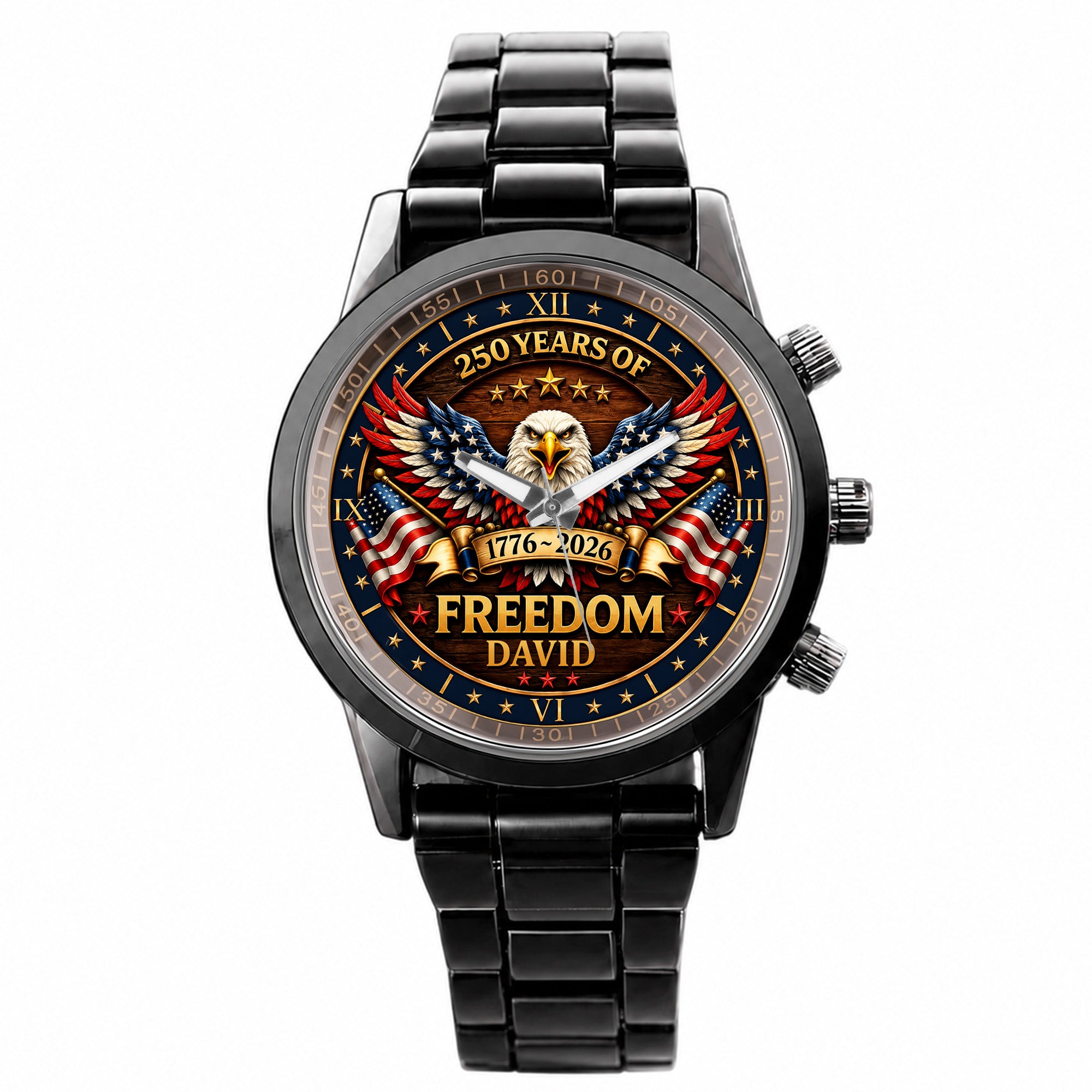 Personalized Black Men's Watch Custom Name Eagle USA Flag Gift for Dad