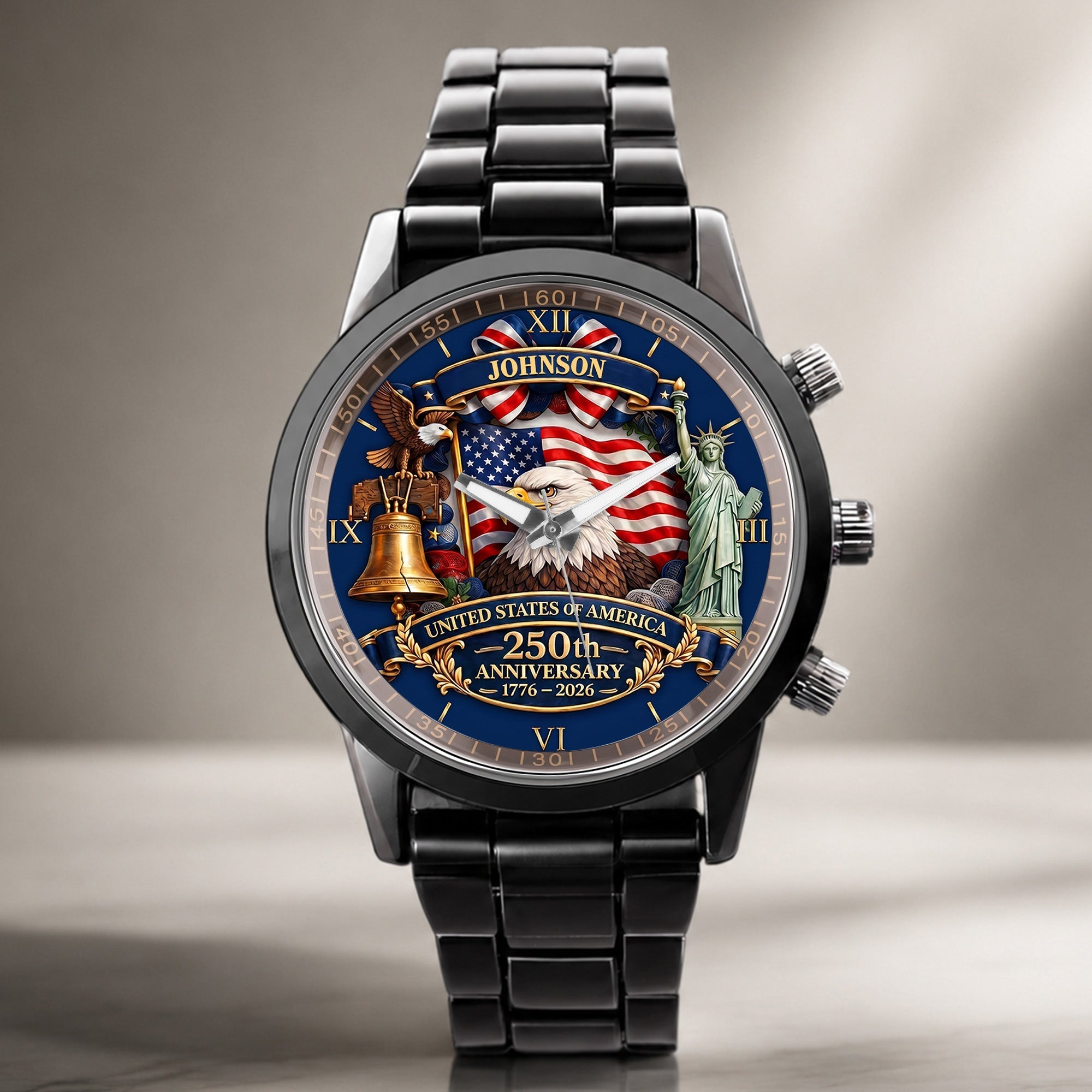 Personalized Men's Watch Custom Name USA Flag Gift for Dad