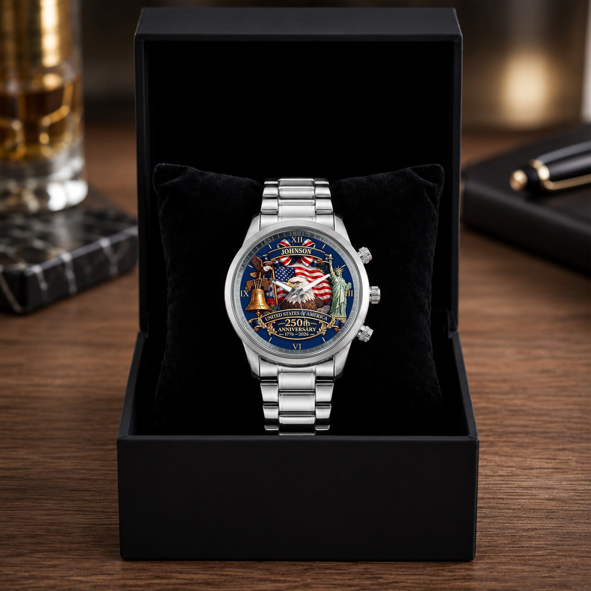 Personalized Men's Watch Custom Name USA Flag Gift for Dad