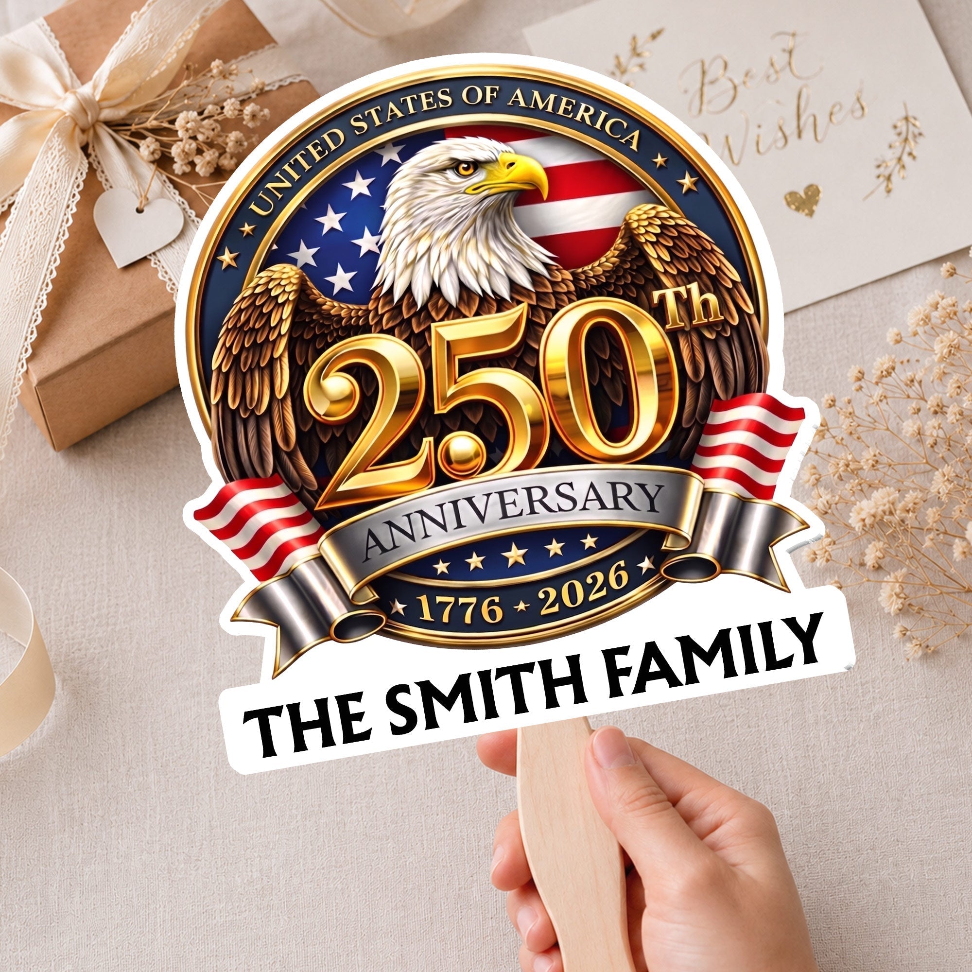 Personalized Custom Hand Fan with Family Eagle Flag Gift for 4th of July