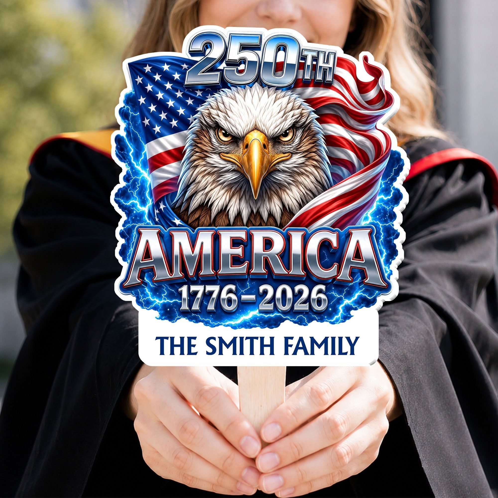 Personalized Custom Hand Fan American Flag Bald Eagle Gift