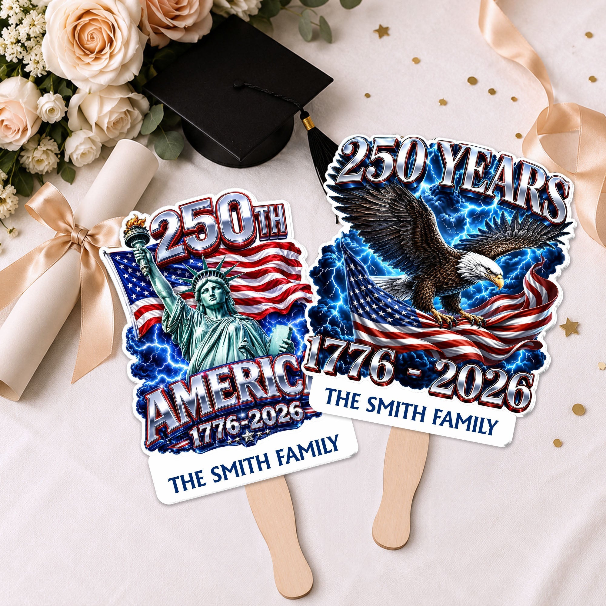 Personalized Custom Hand Fan American Flag Bald Eagle Gift