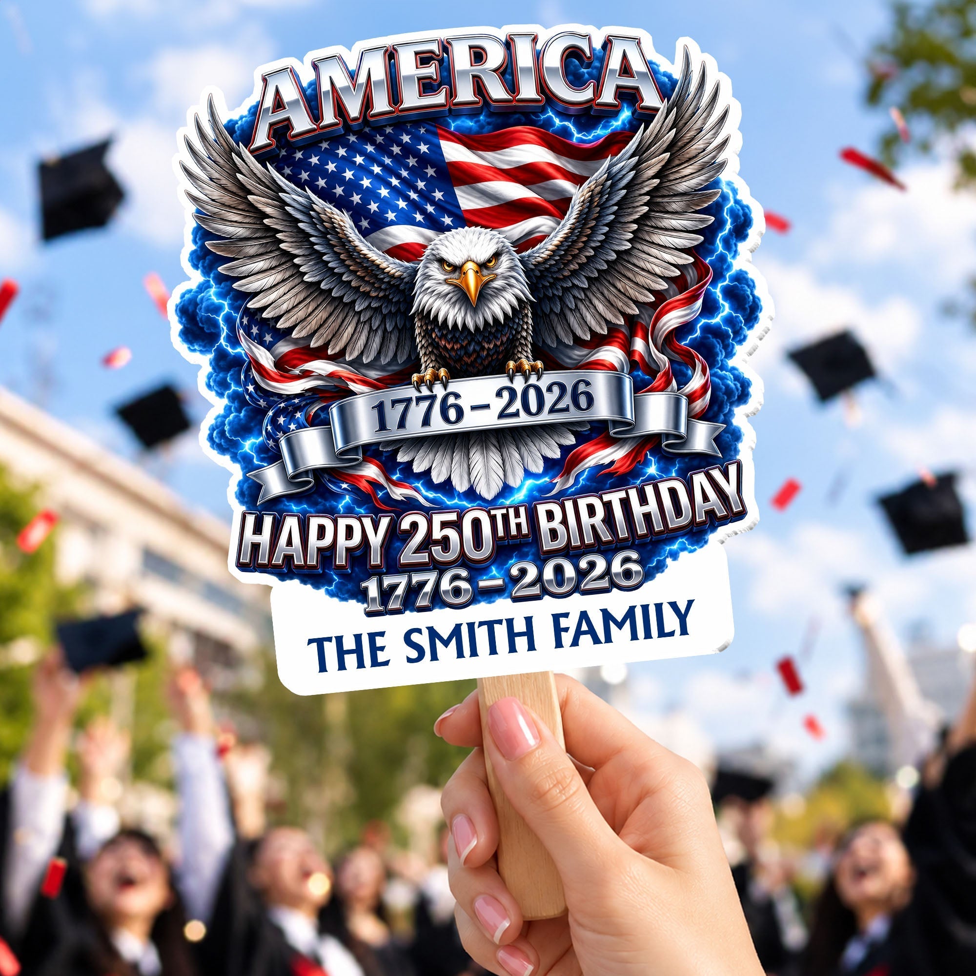 Personalized Custom Hand Fan American Flag Bald Eagle Gift