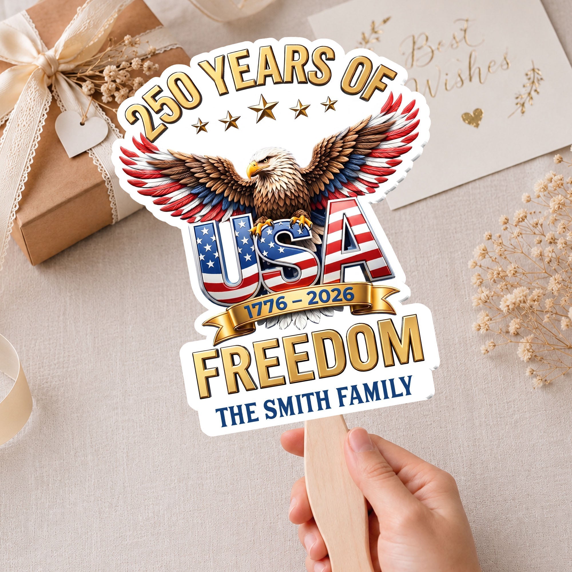 Personalized Custom Hand Fan USA Freedom Eagle Family Gift