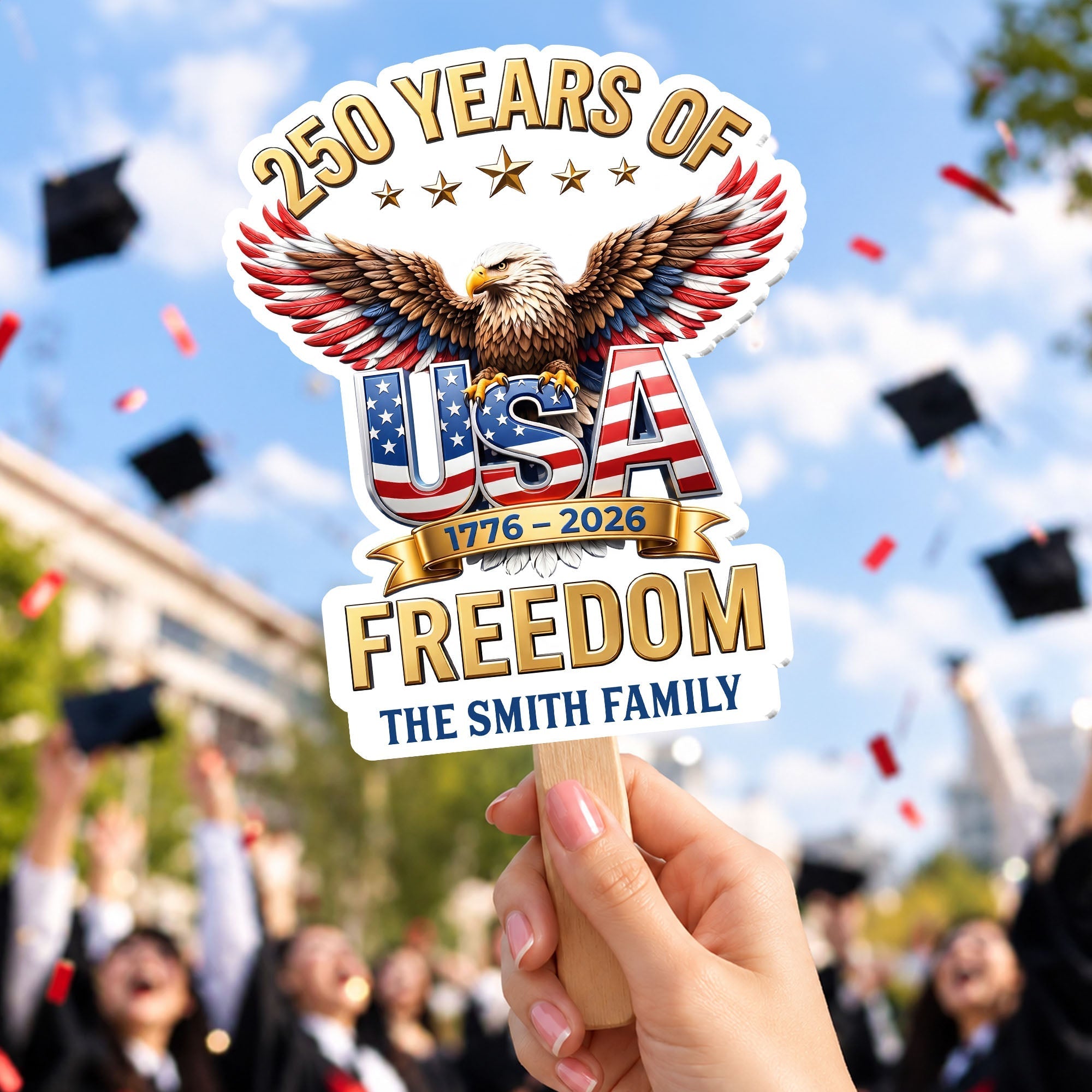 Personalized Custom Hand Fan USA Freedom Eagle Family Gift