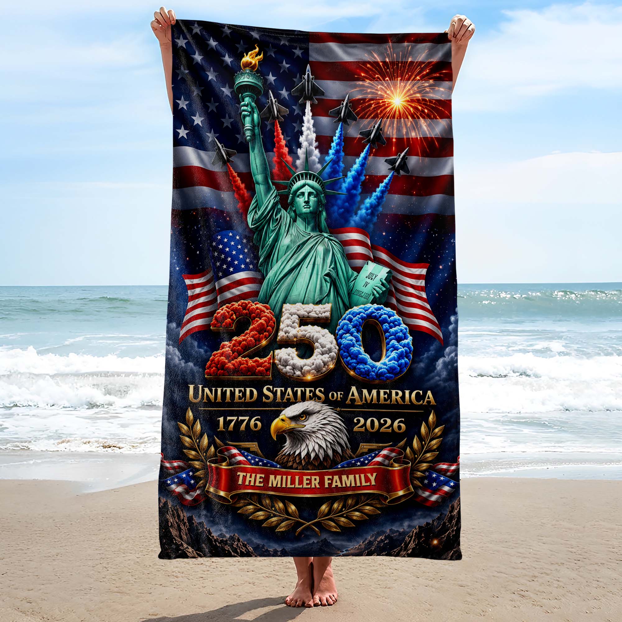 Personalized Microfiber Beach Towel USA Eagle Custom Name Gift