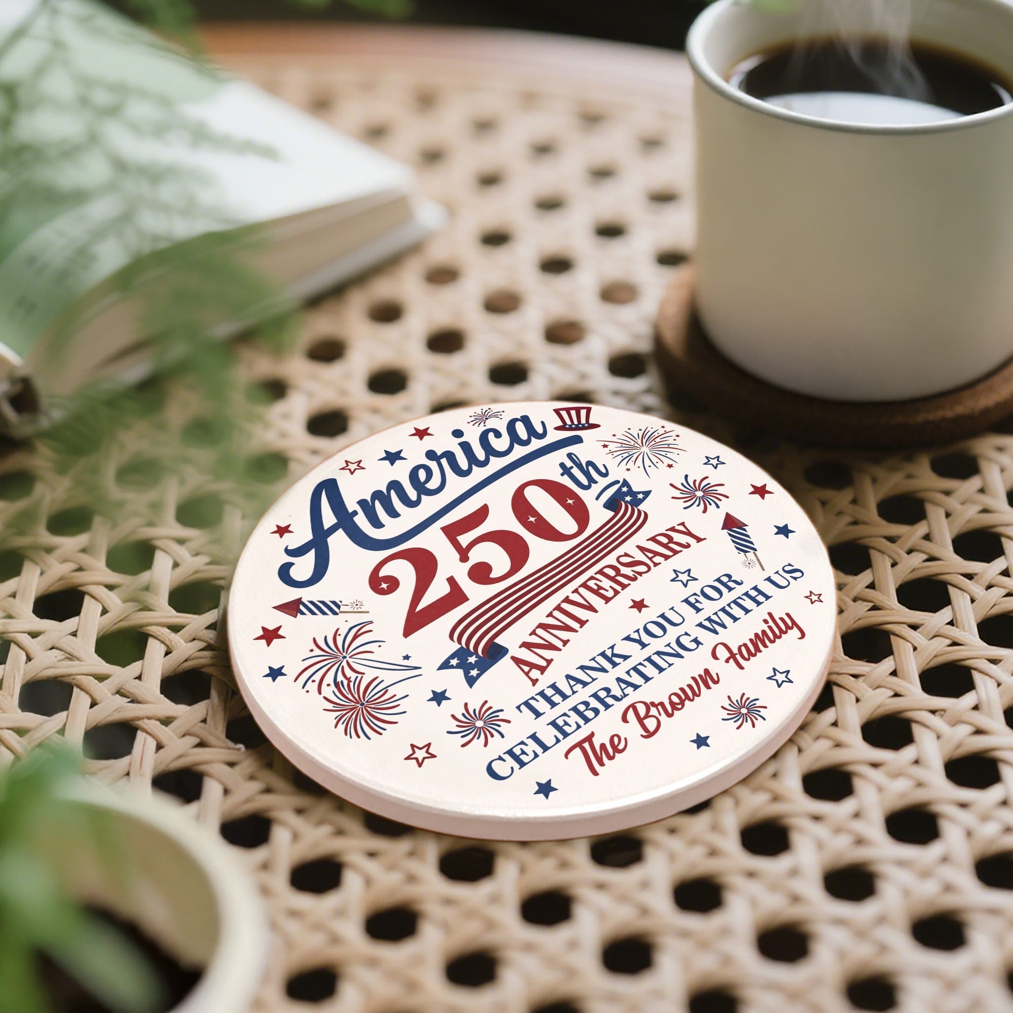 Personalized Ceramic Coaster Custom Name Fireworks Gift for Family