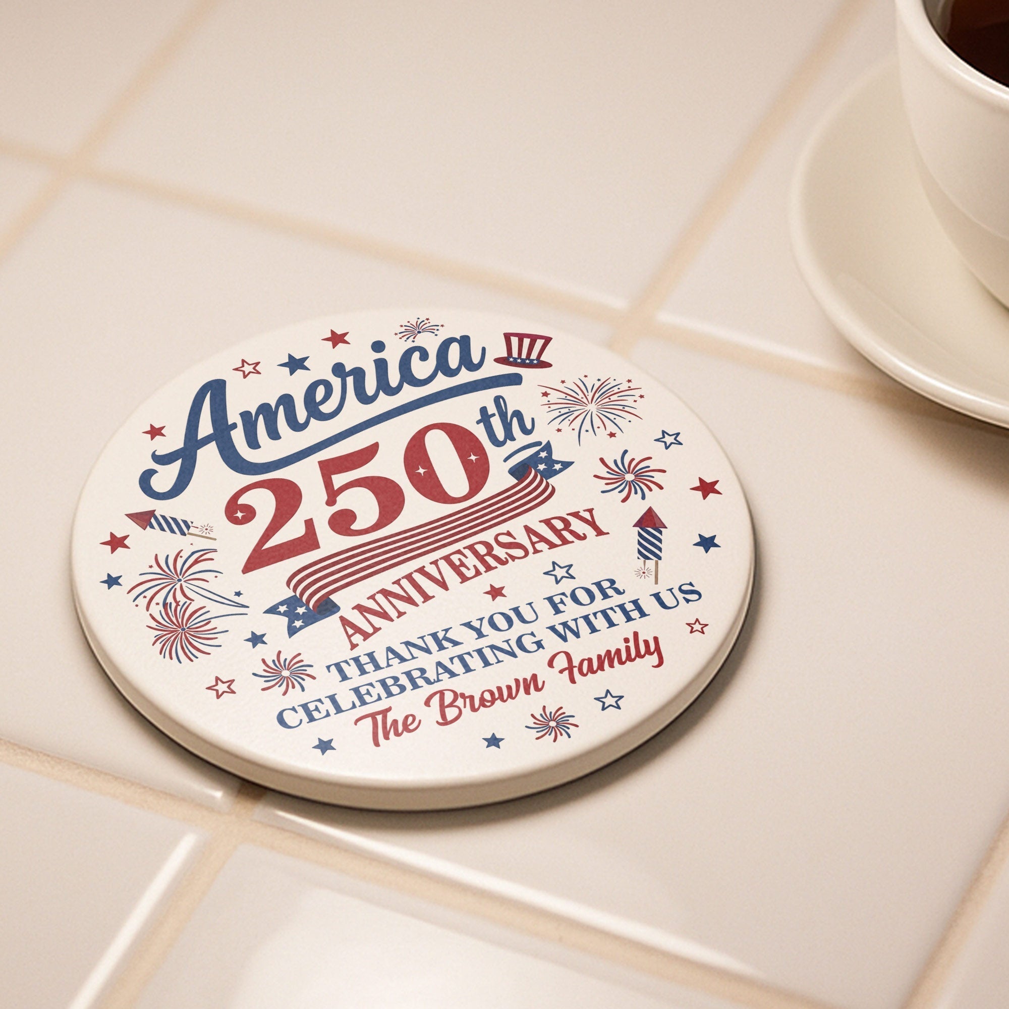 Personalized Ceramic Coaster Custom Name Fireworks Gift for Family