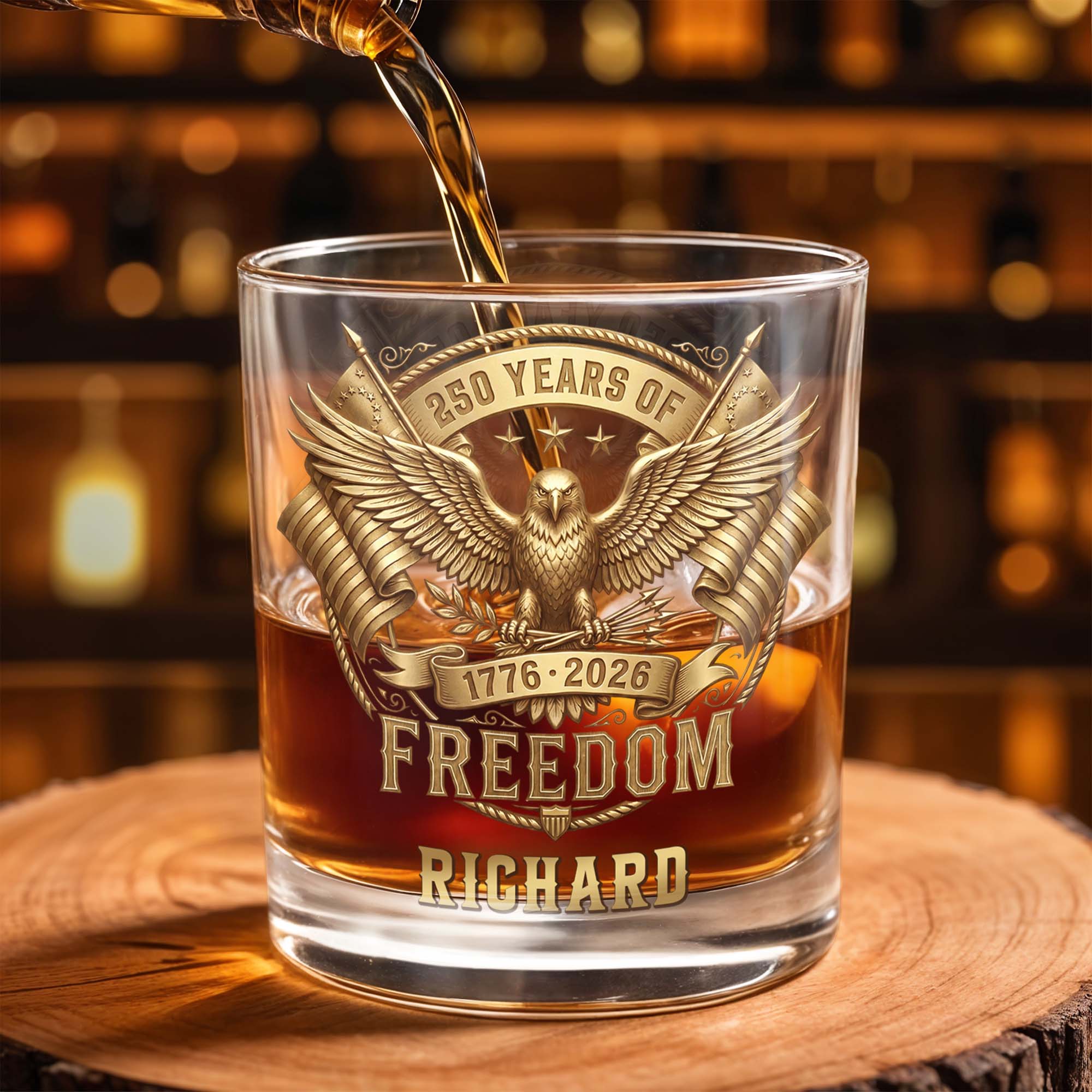 Personalized Custom Whiskey Glass with Eagle & Flags Gift for Dad