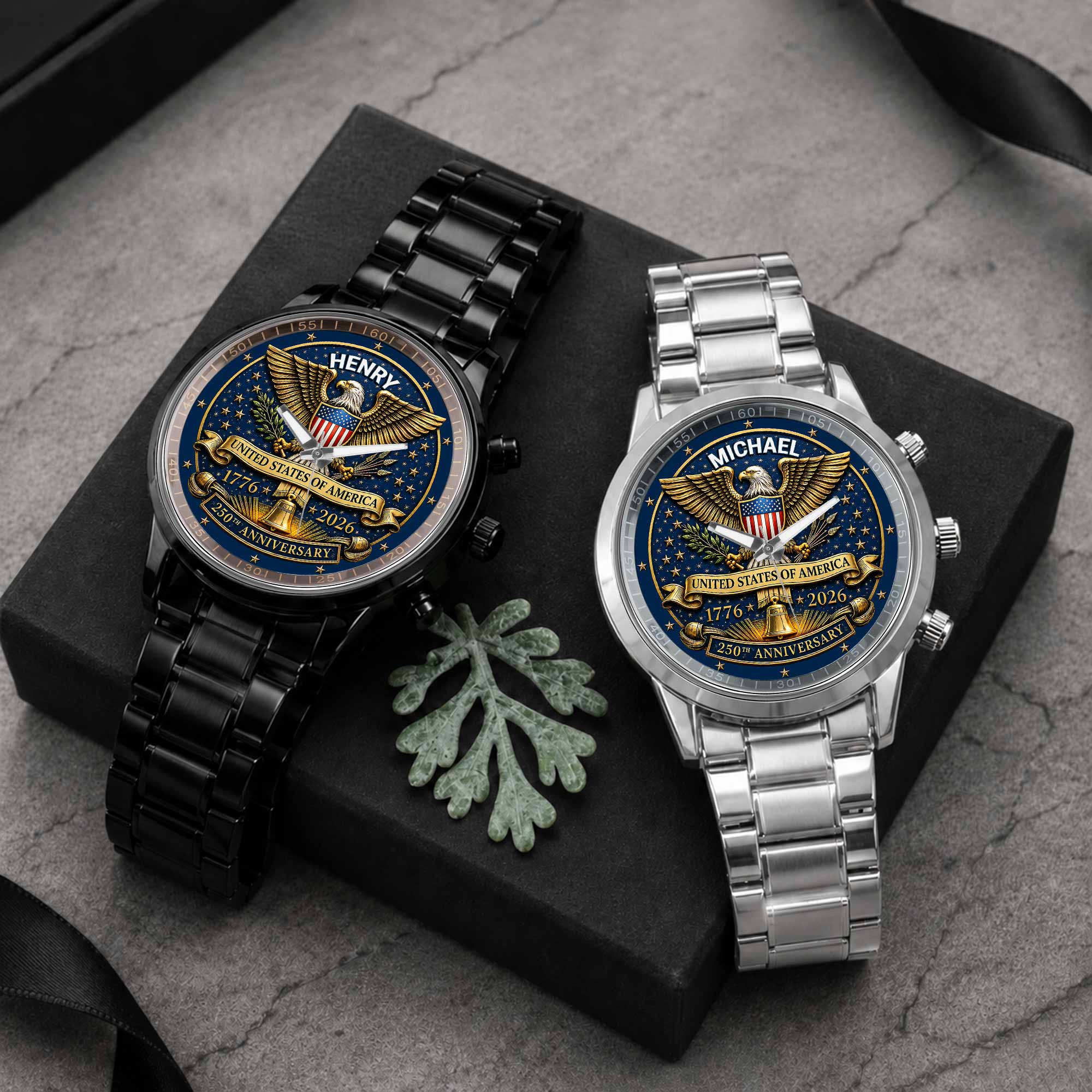 Personalized Custom Black Men's Watch Gift for Dad Anniversary
