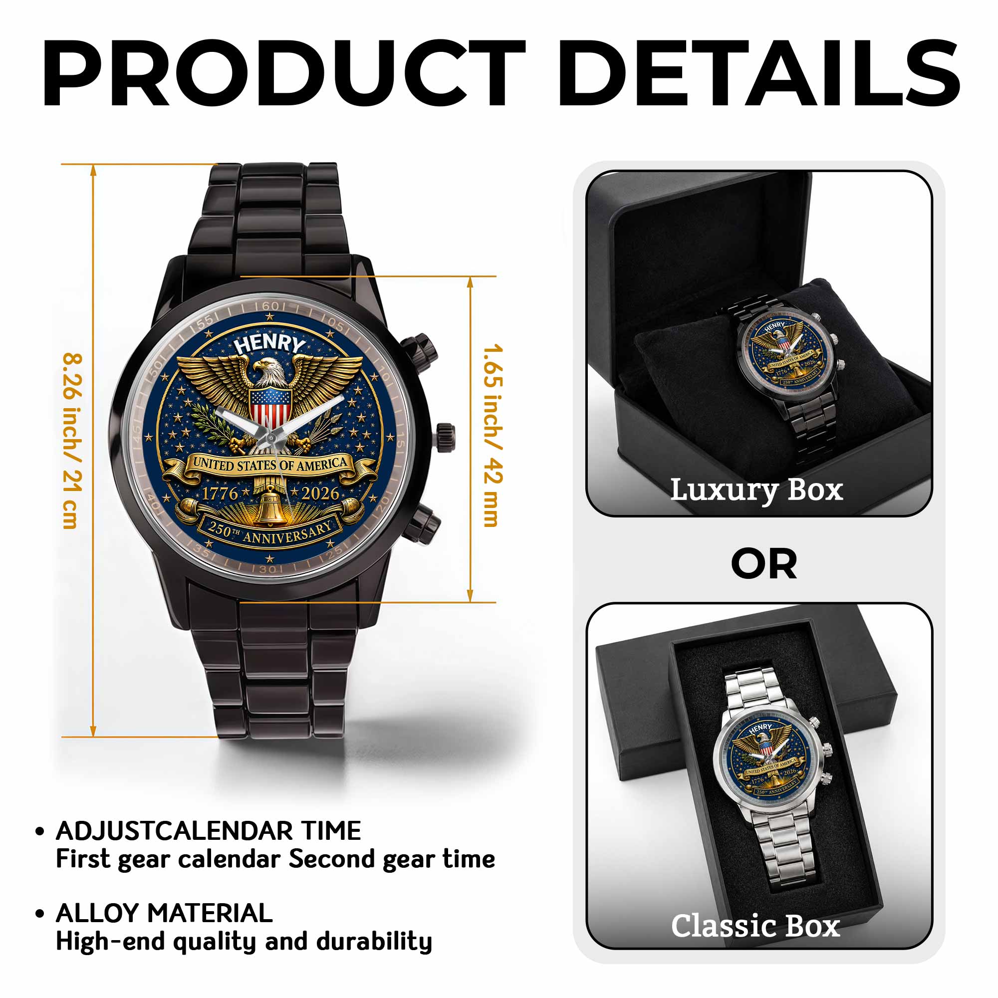 Personalized Custom Black Men's Watch Gift for Dad Anniversary