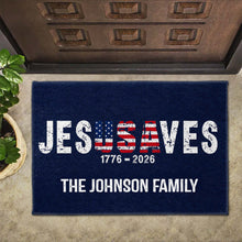 Load image into Gallery viewer, Personalized Jesus Saves USA Flag Family Name Doormat
