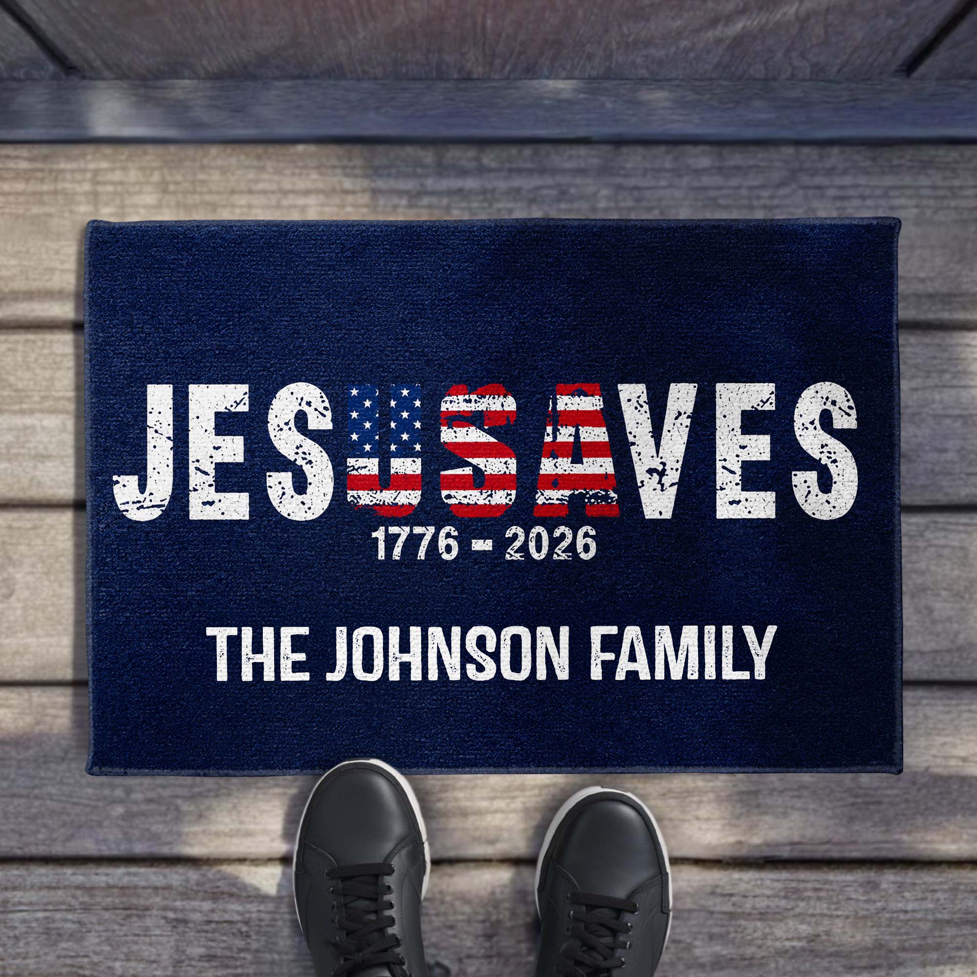 Personalized Jesus Saves USA Flag Family Name Doormat