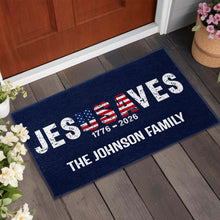 Load image into Gallery viewer, Personalized Jesus Saves USA Flag Family Name Doormat
