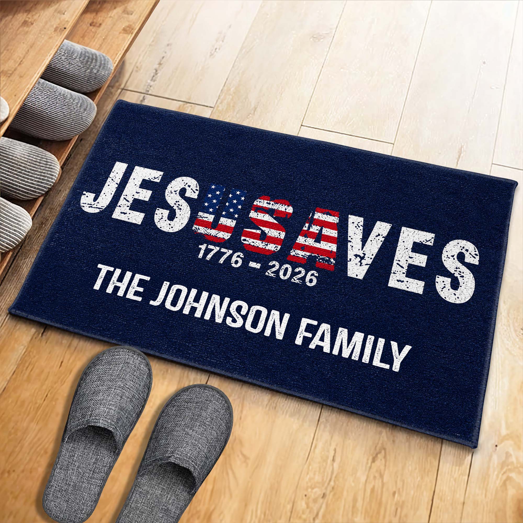 Personalized Jesus Saves USA Flag Family Name Doormat