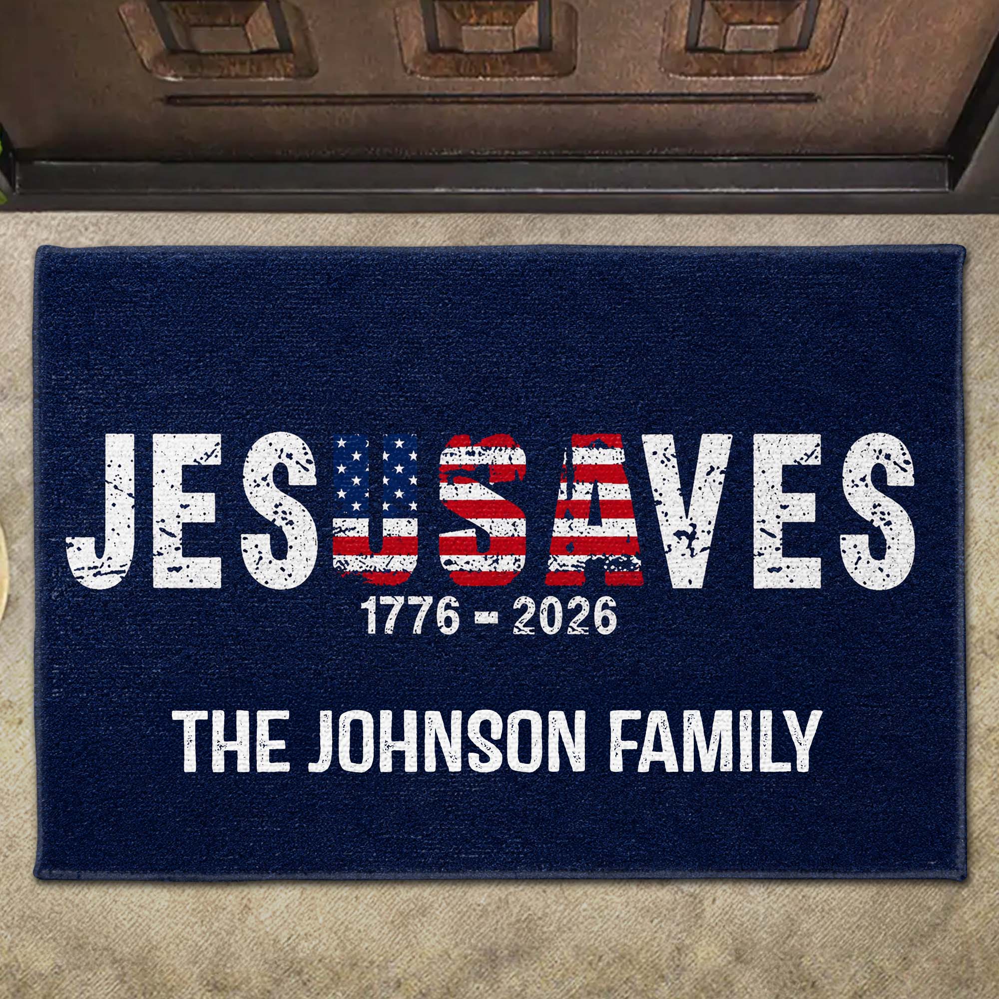 Personalized Jesus Saves USA Flag Family Name Doormat