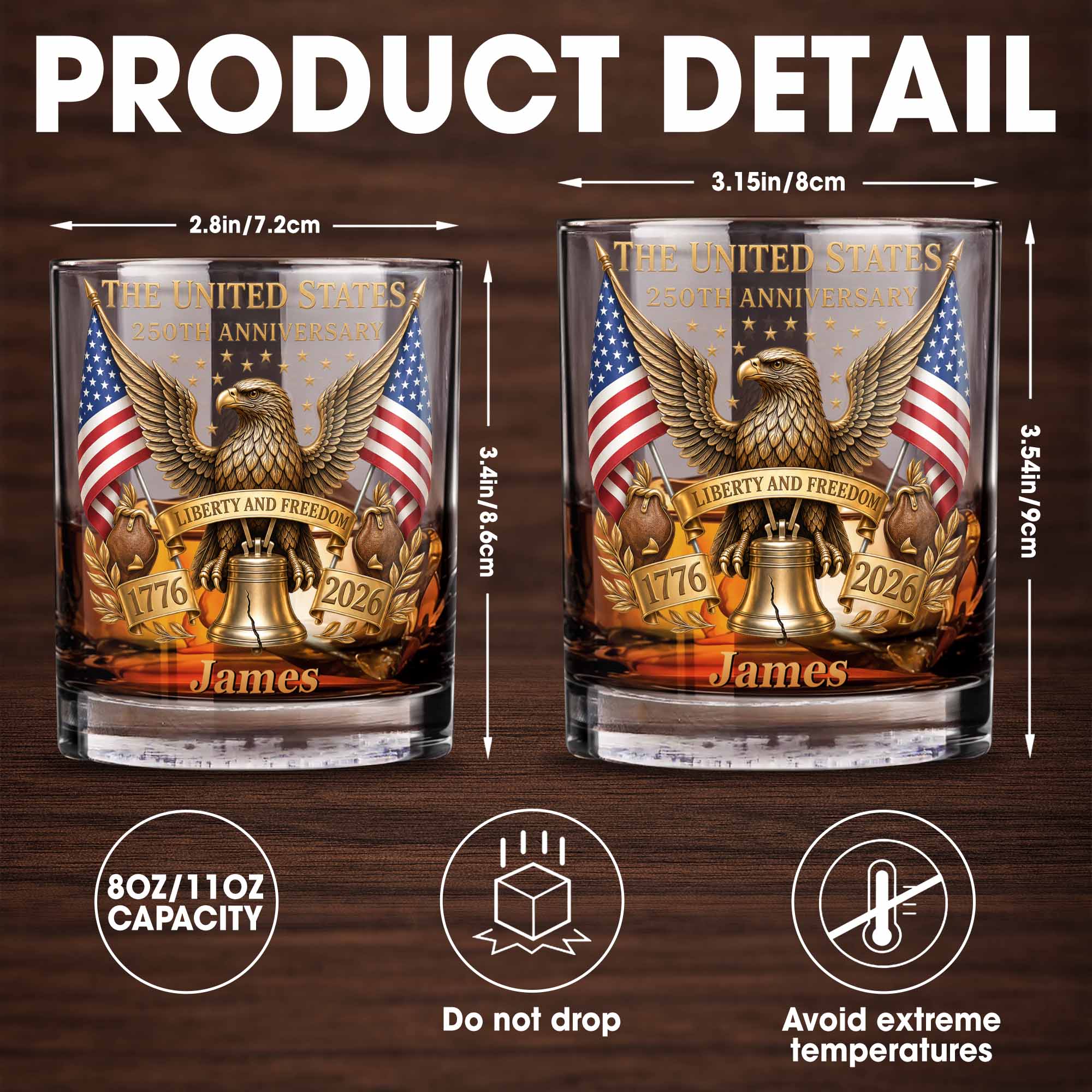 Personalized Custom Whiskey Glass Gift for Dad - 4th of July Eagle & Liberty Bell