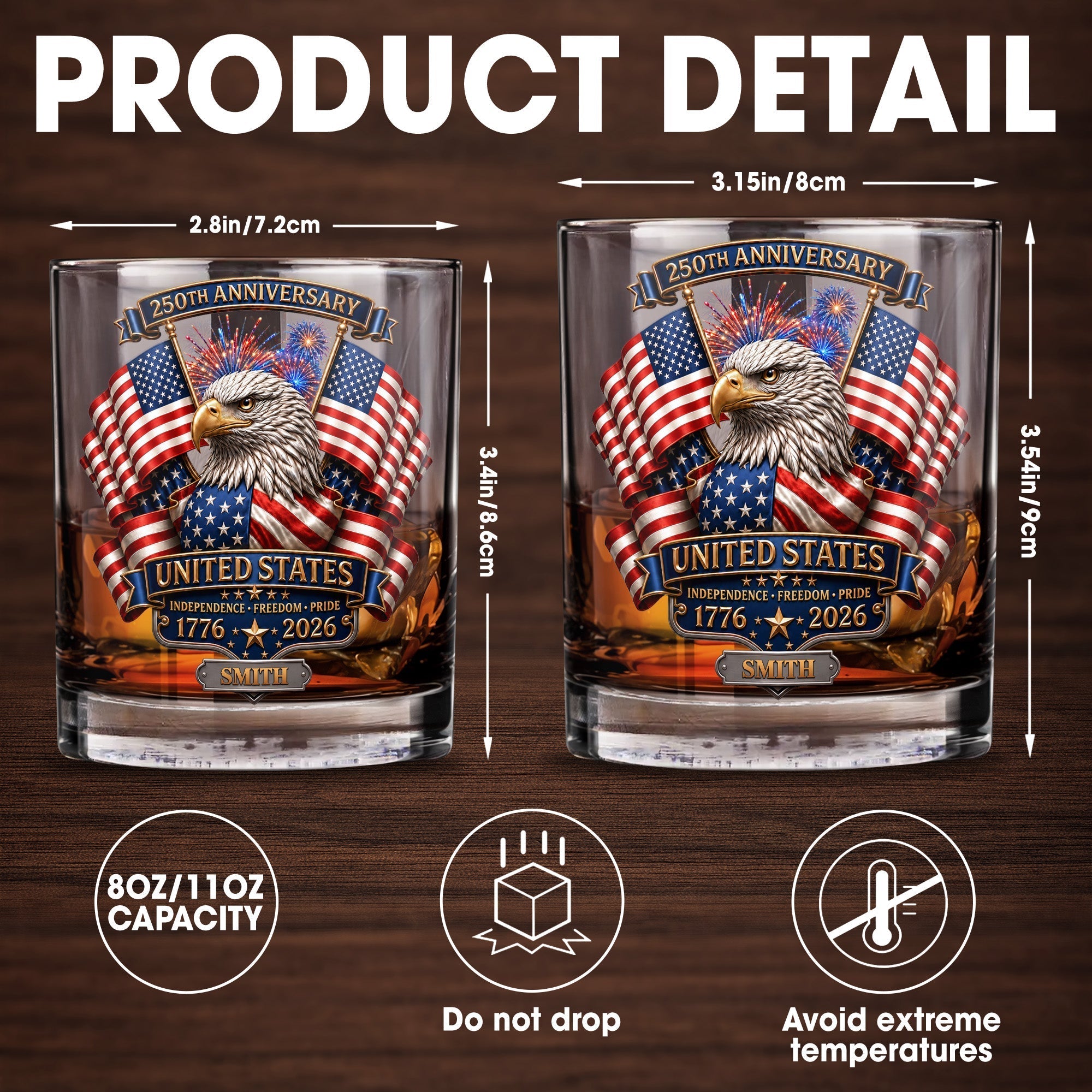 Personalized Custom Whiskey Glass Gift for Dad, USA Flag Design, 8oz or 11oz