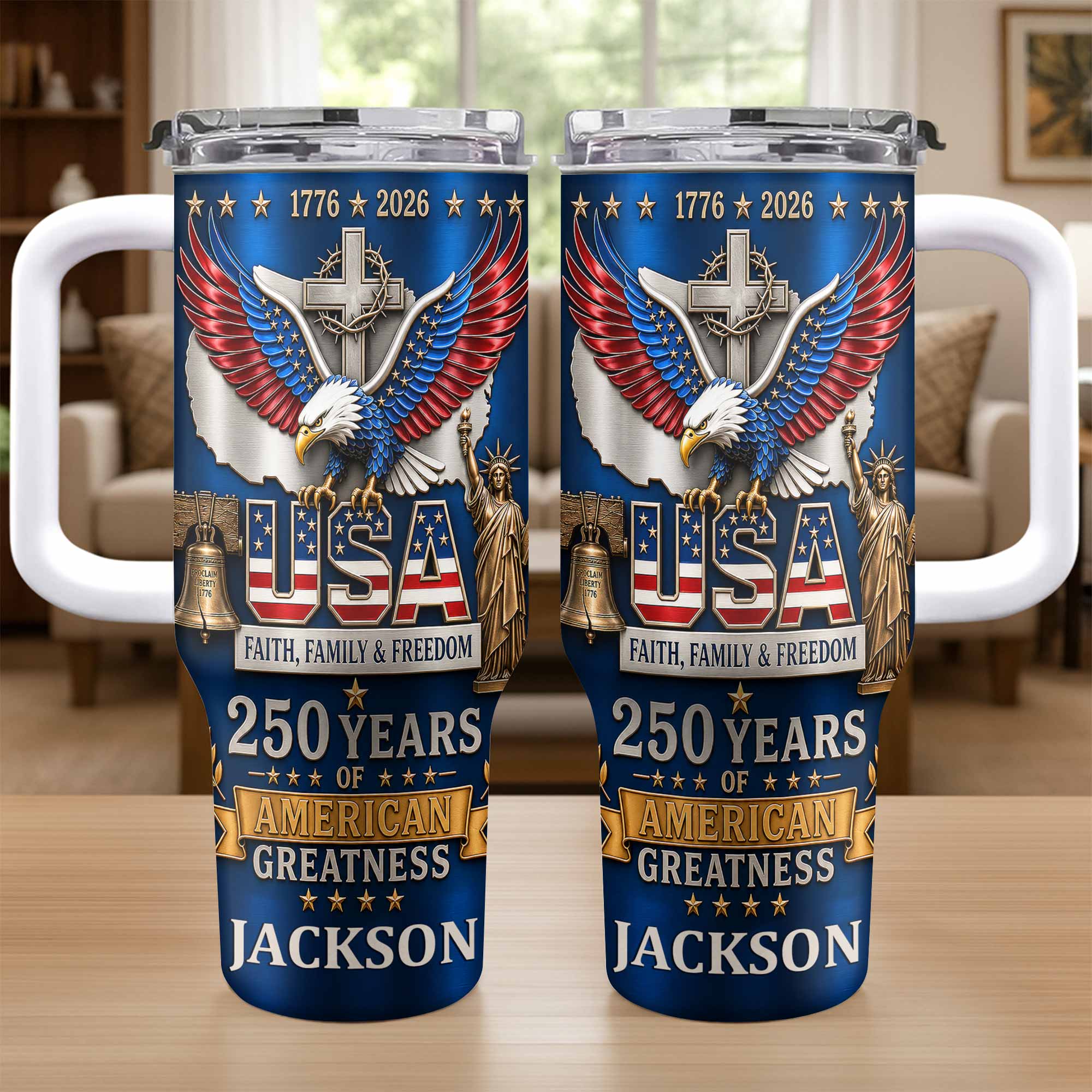 Personalized 40oz Tumbler USA Flag Eagle Custom Name Gift for Dad
