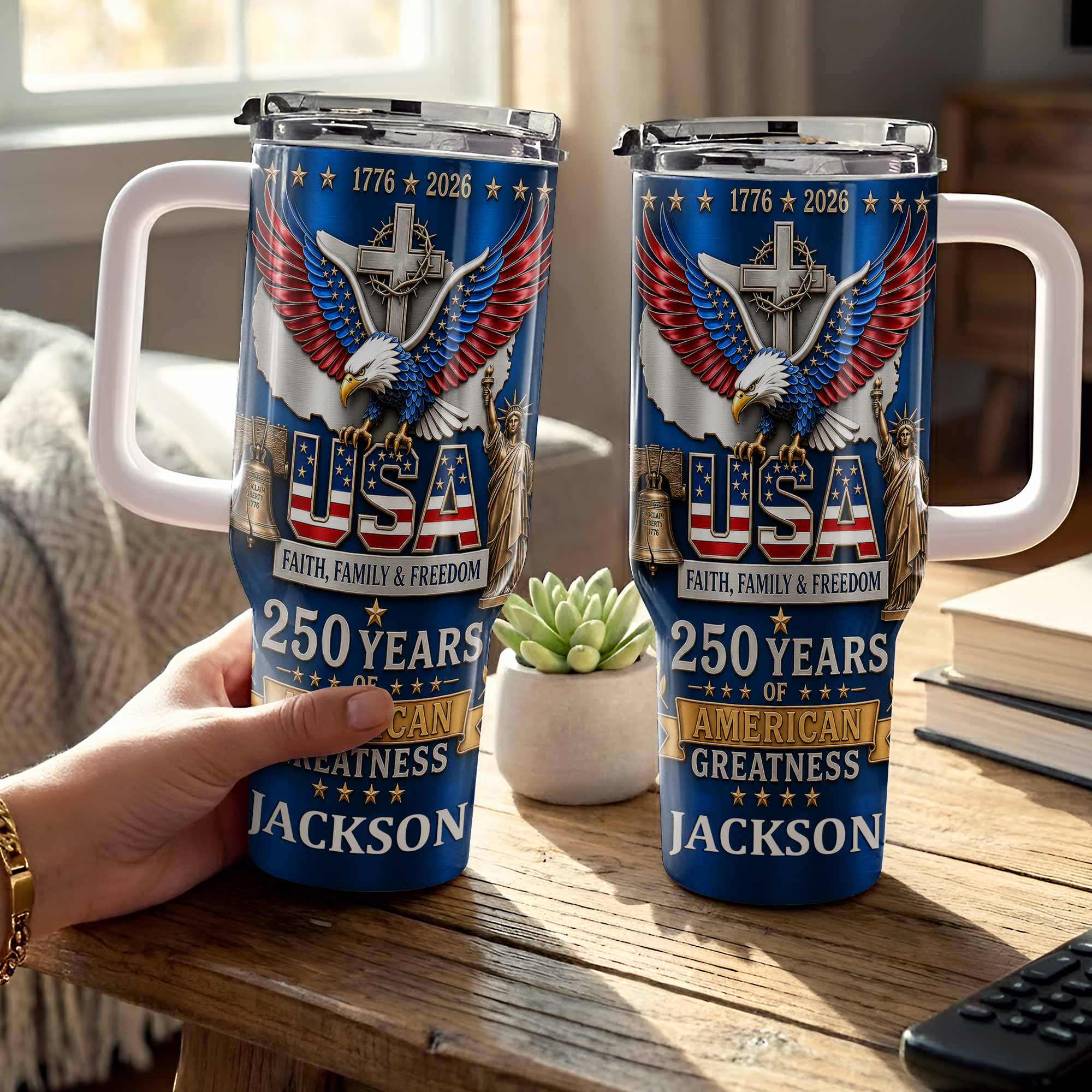 Personalized 40oz Tumbler USA Flag Eagle Custom Name Gift for Dad