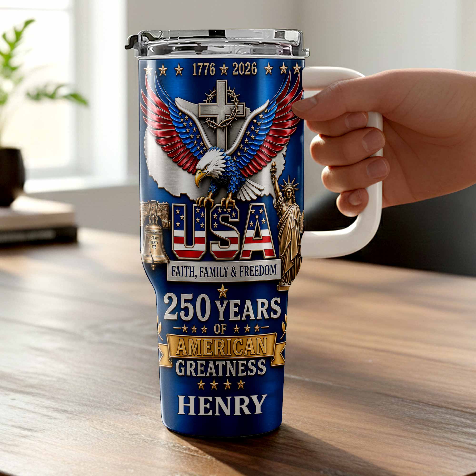 Personalized 40oz Tumbler USA Flag Eagle Custom Name Gift for Dad