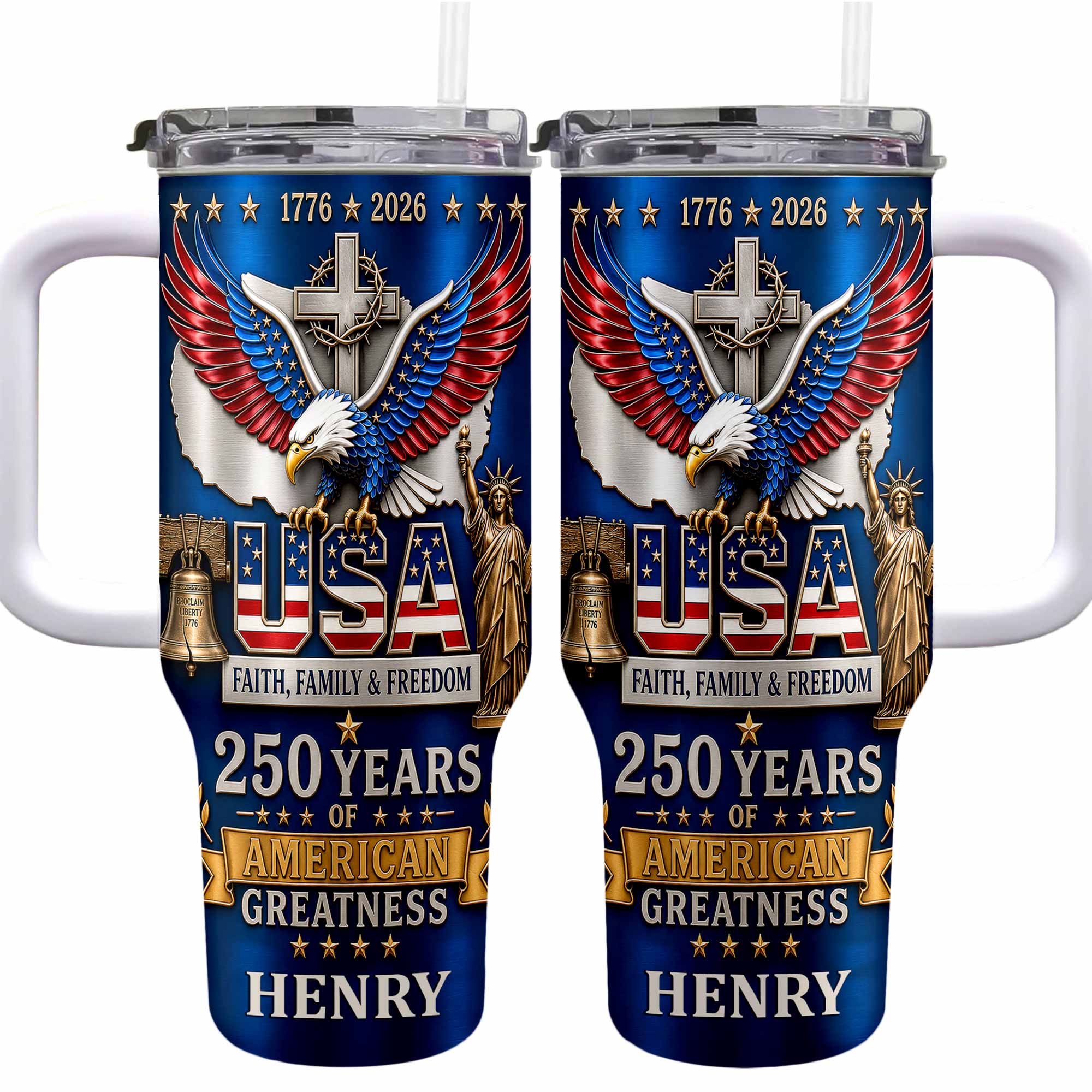 Personalized 40oz Tumbler USA Flag Eagle Custom Name Gift for Dad
