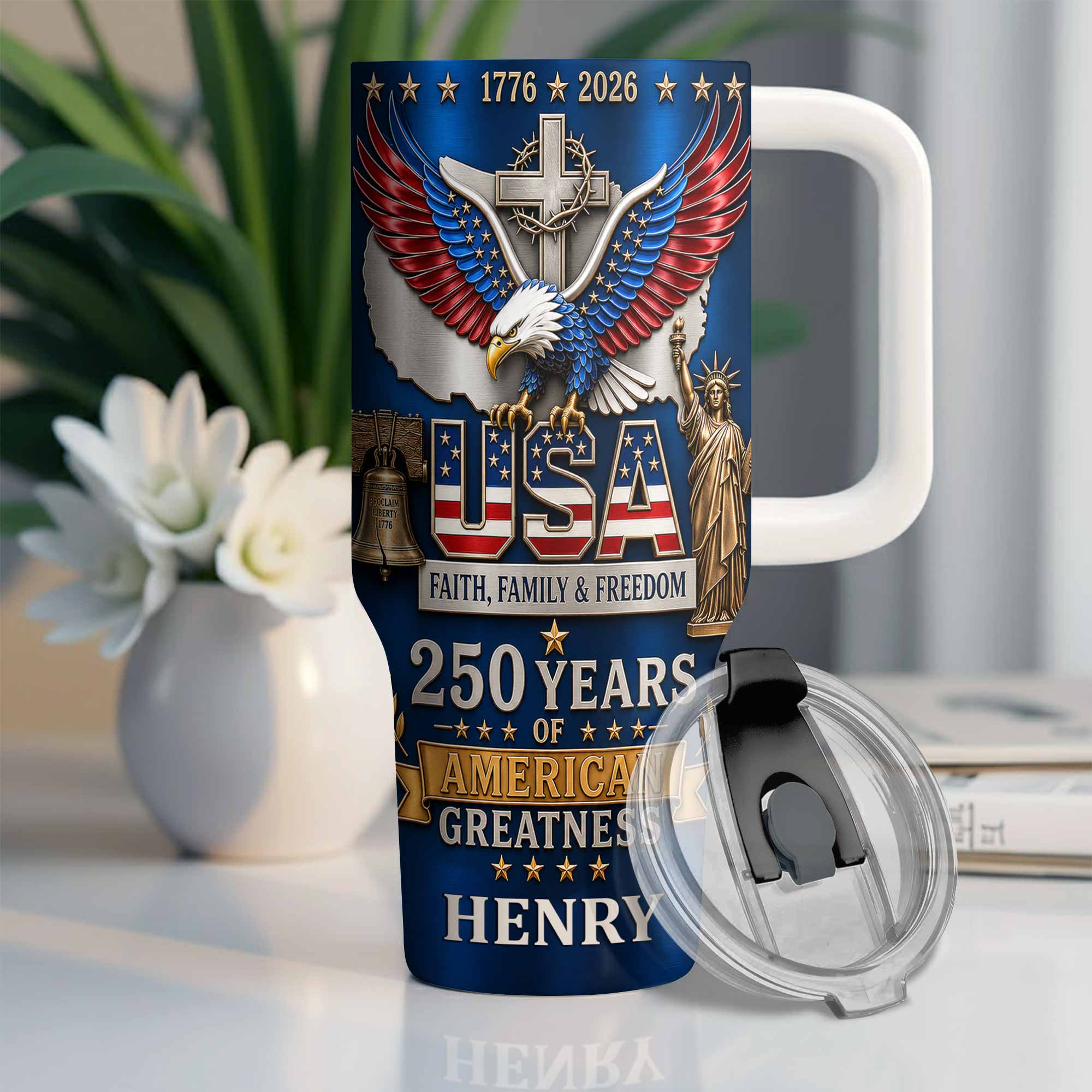 Personalized 40oz Tumbler USA Flag Eagle Custom Name Gift for Dad