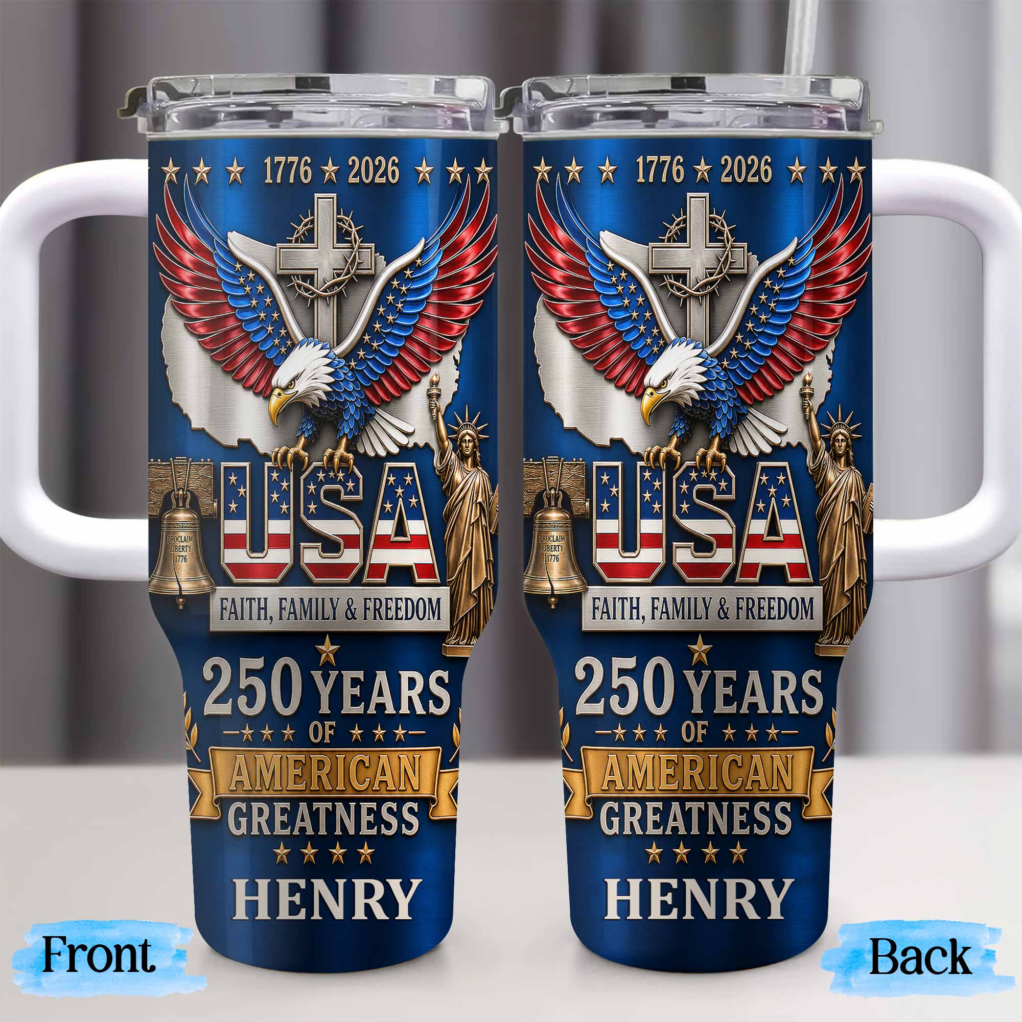 Personalized 40oz Tumbler USA Flag Eagle Custom Name Gift for Dad