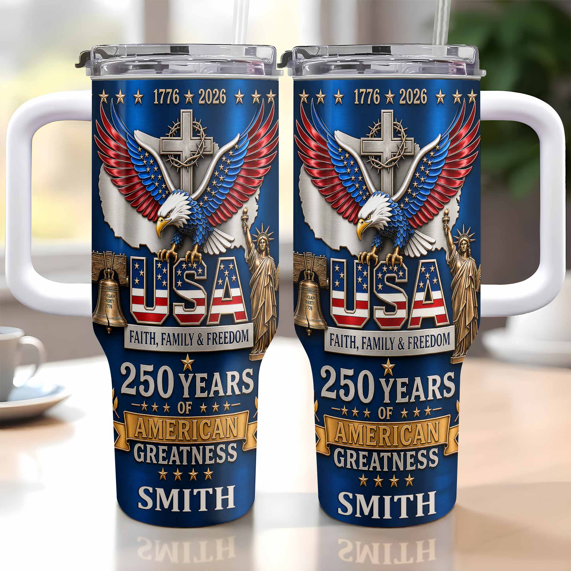 Personalized 40oz Tumbler USA Flag Eagle Custom Name Gift for Dad