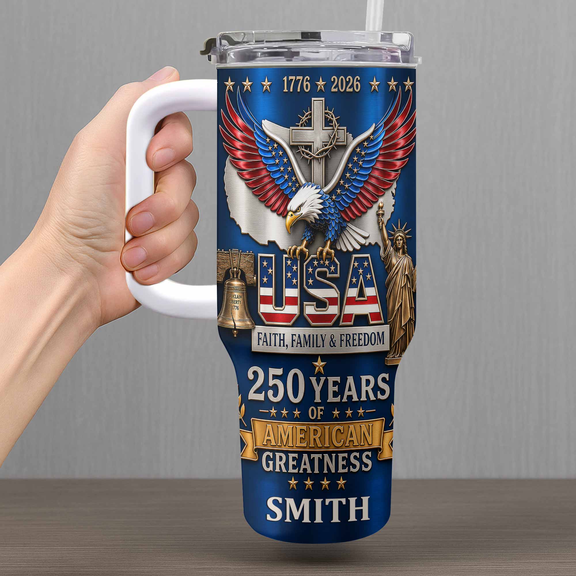 Personalized 40oz Tumbler USA Flag Eagle Custom Name Gift for Dad