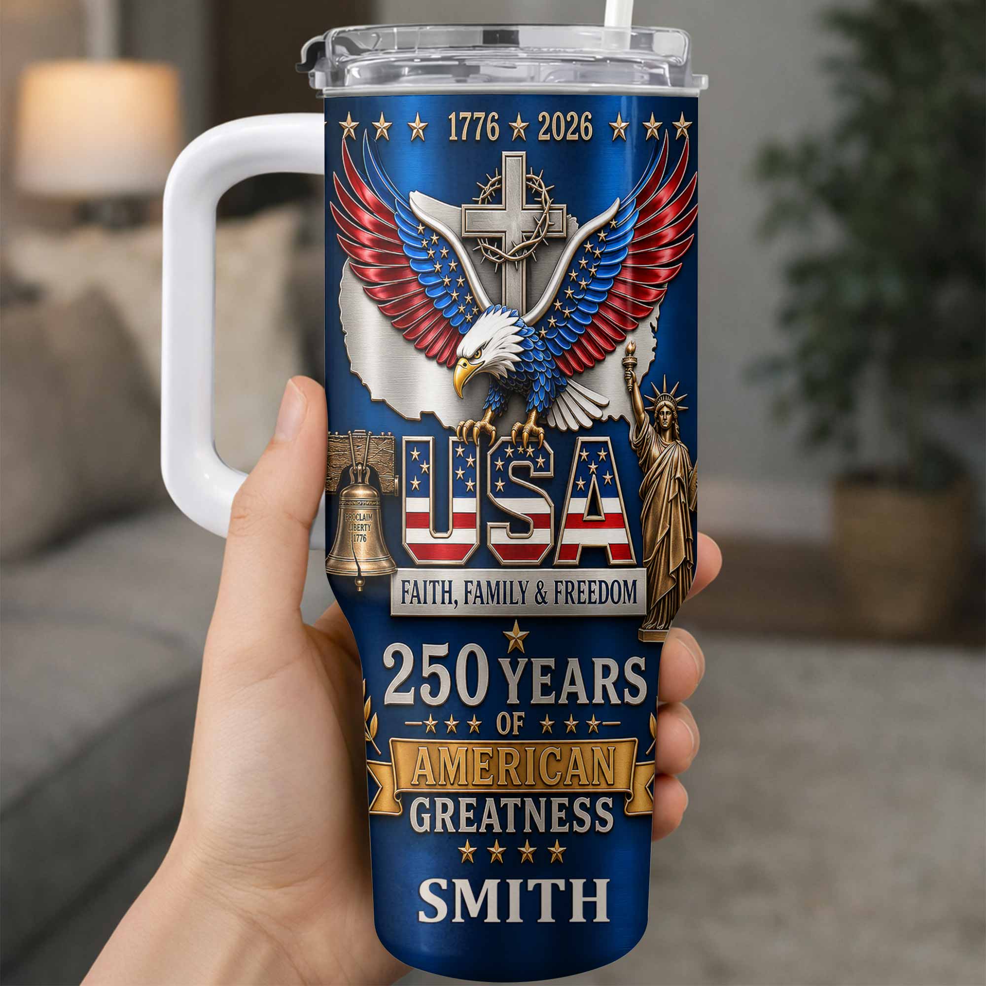 Personalized 40oz Tumbler USA Flag Eagle Custom Name Gift for Dad