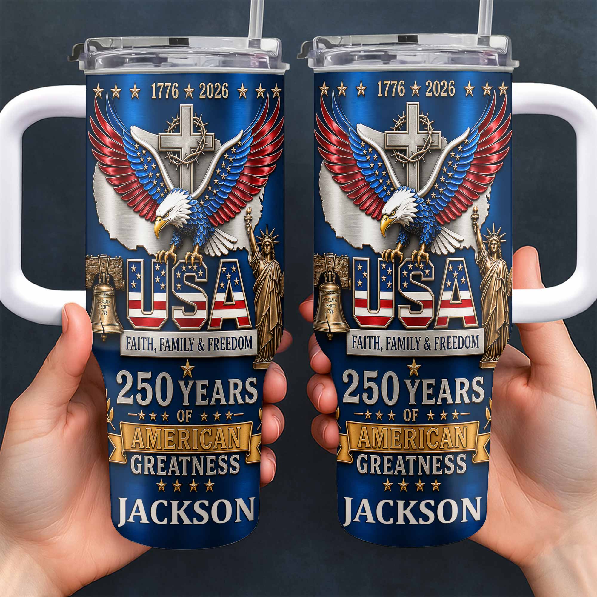 Personalized 40oz Tumbler USA Flag Eagle Custom Name Gift for Dad
